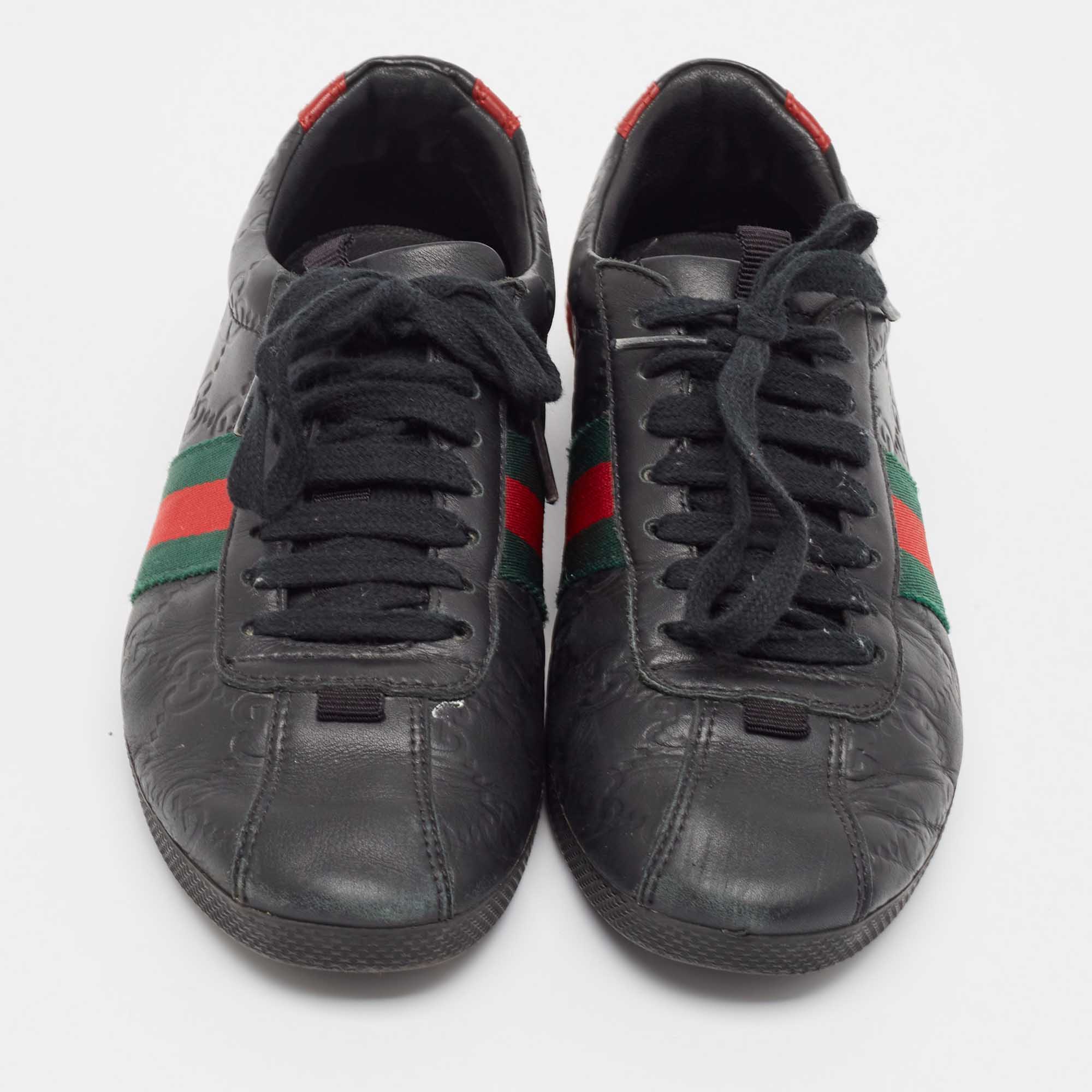 Gucci Black Leather Web Low Top Sneakers Size 36