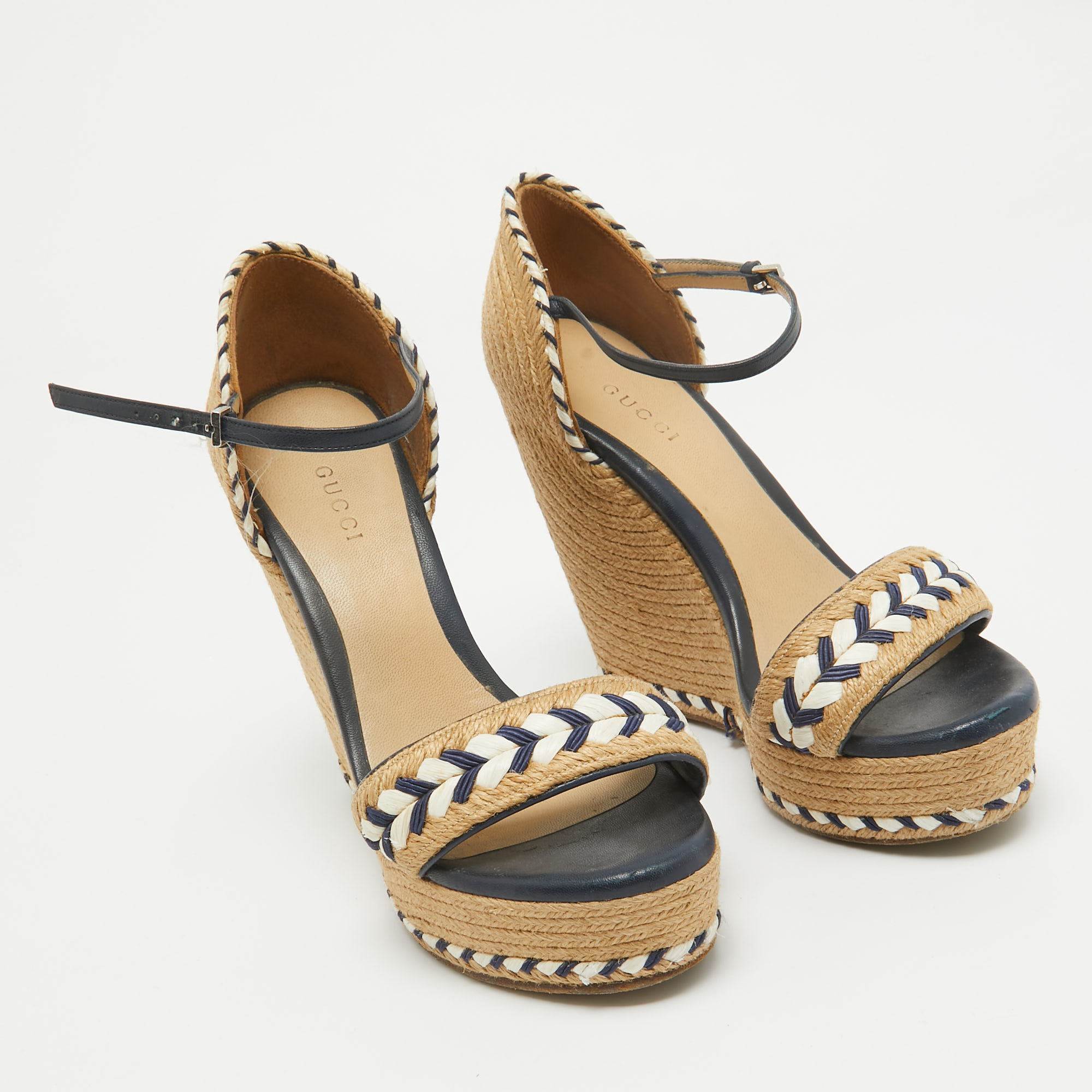 Gucci Beige/Blue Leather And Raffia Wedge Sandals Size 36