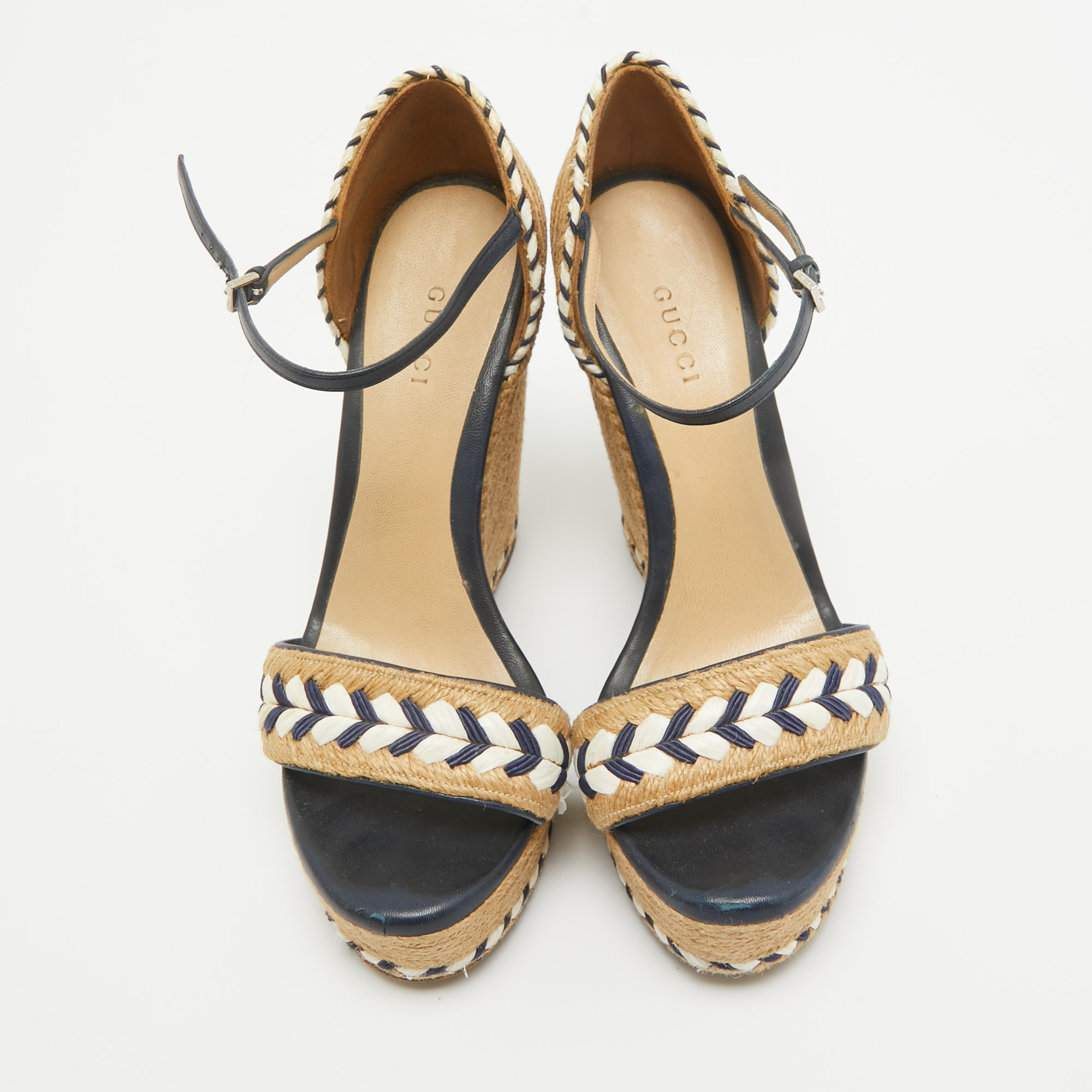 Gucci Beige/Blue Leather And Raffia Wedge Sandals Size 36