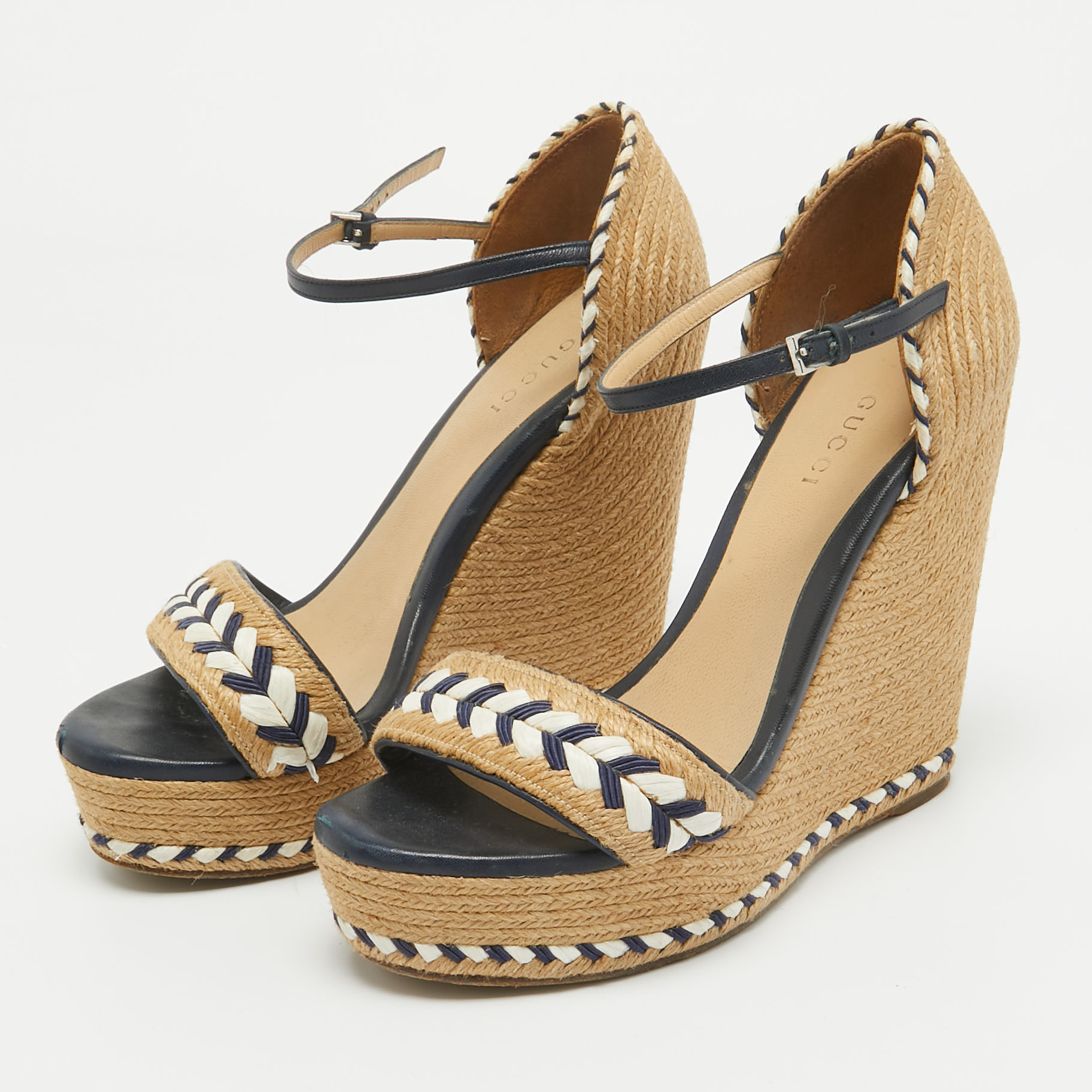 Gucci Beige/Blue Leather And Raffia Wedge Sandals Size 36