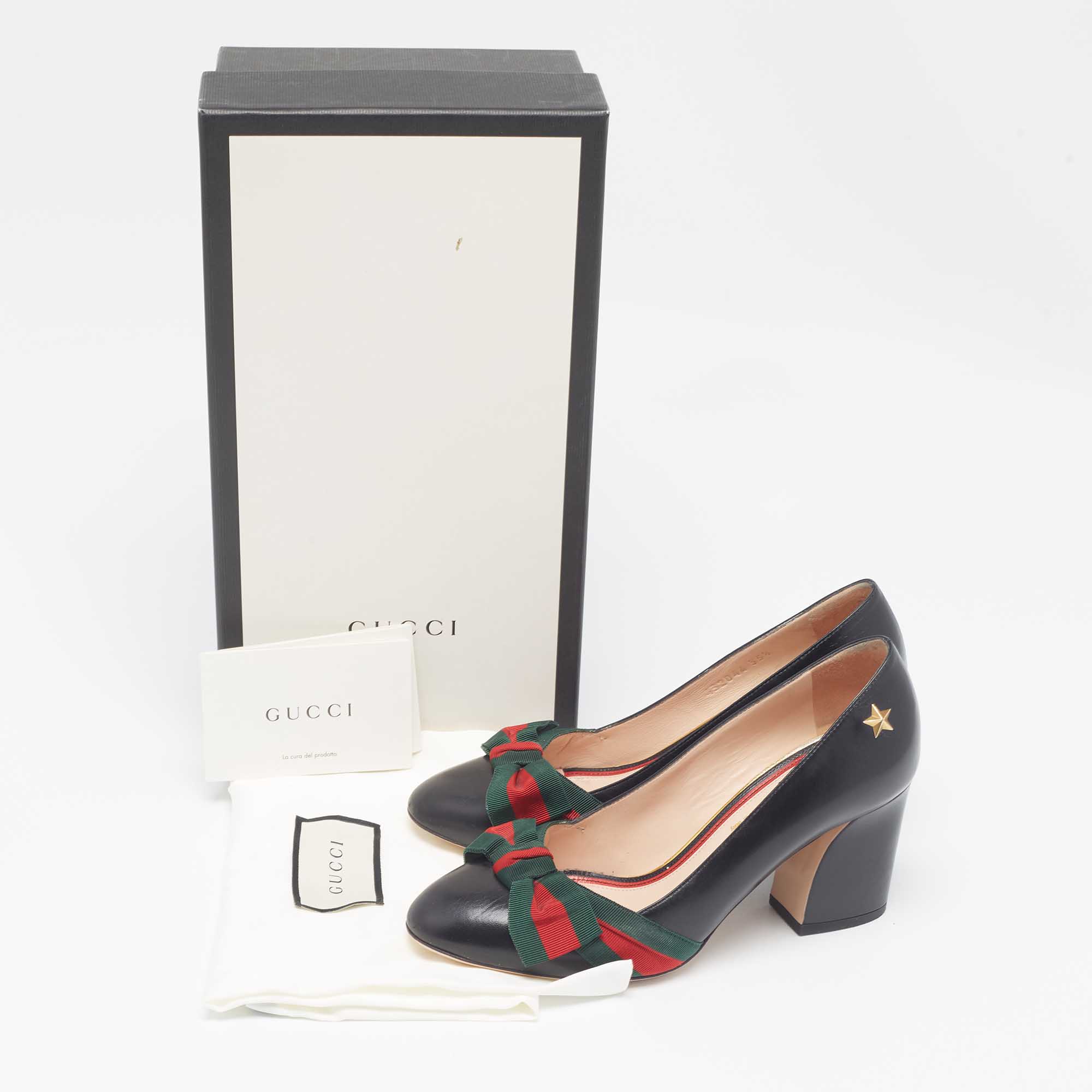 Gucci Black Leather Web Bow Block Heel Pumps 35.5