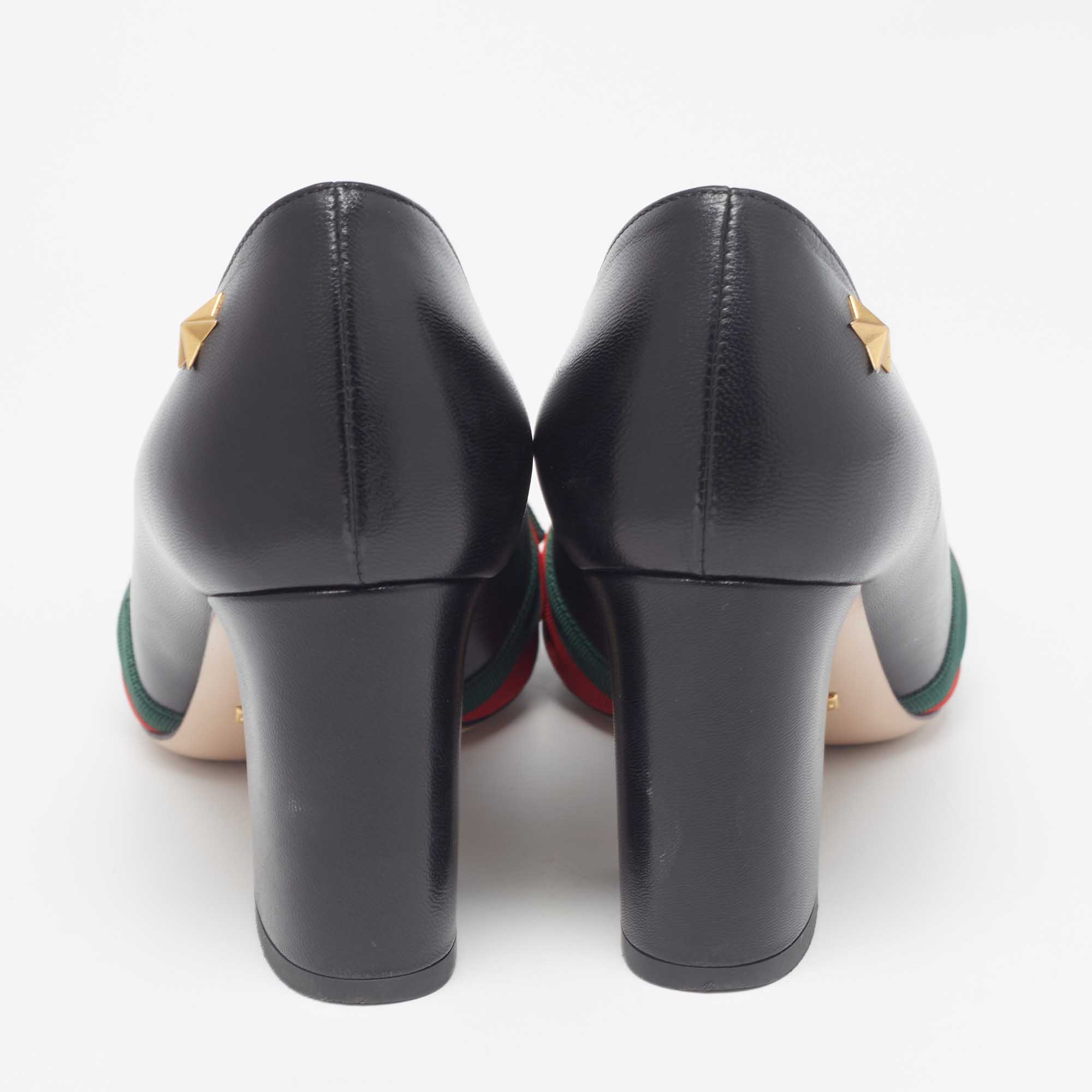 Gucci Black Leather Web Bow Block Heel Pumps 35.5