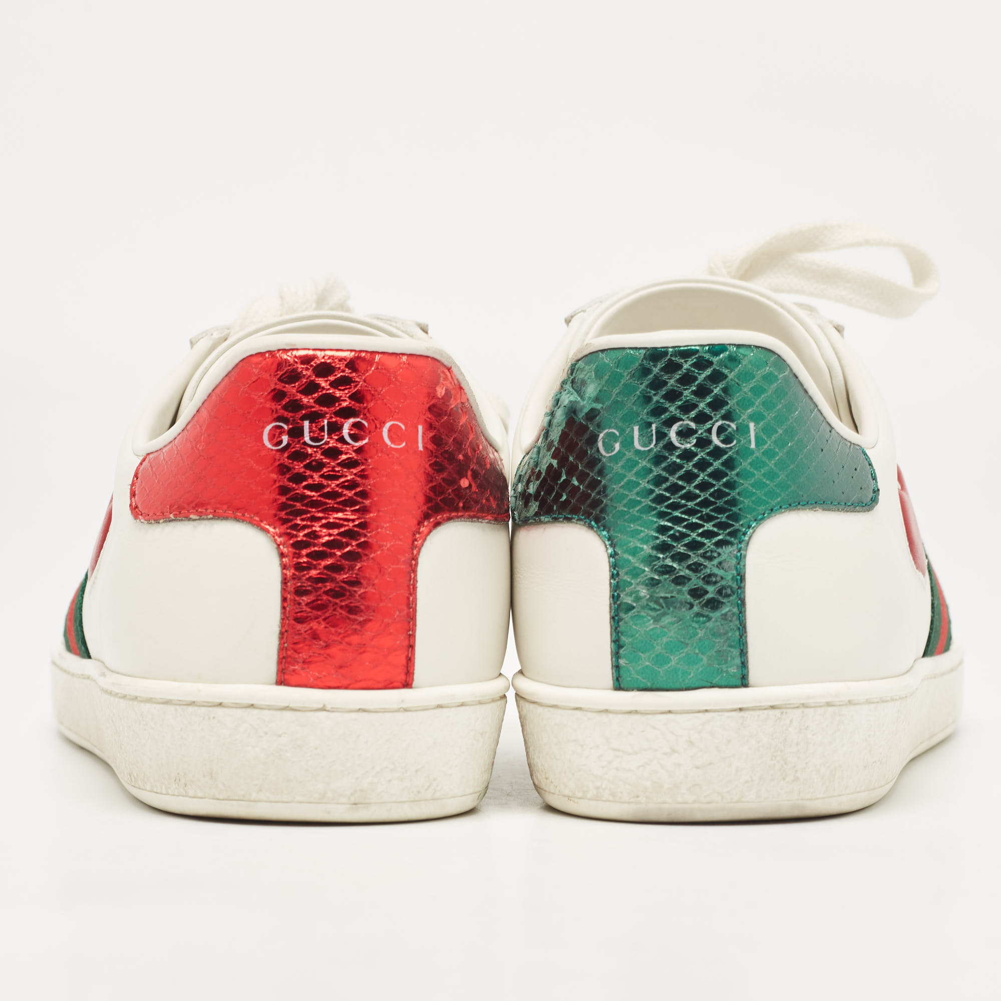 Gucci White Leather And Snakeskin Embossed Ace Web Lace Up Sneakers Size 38.5