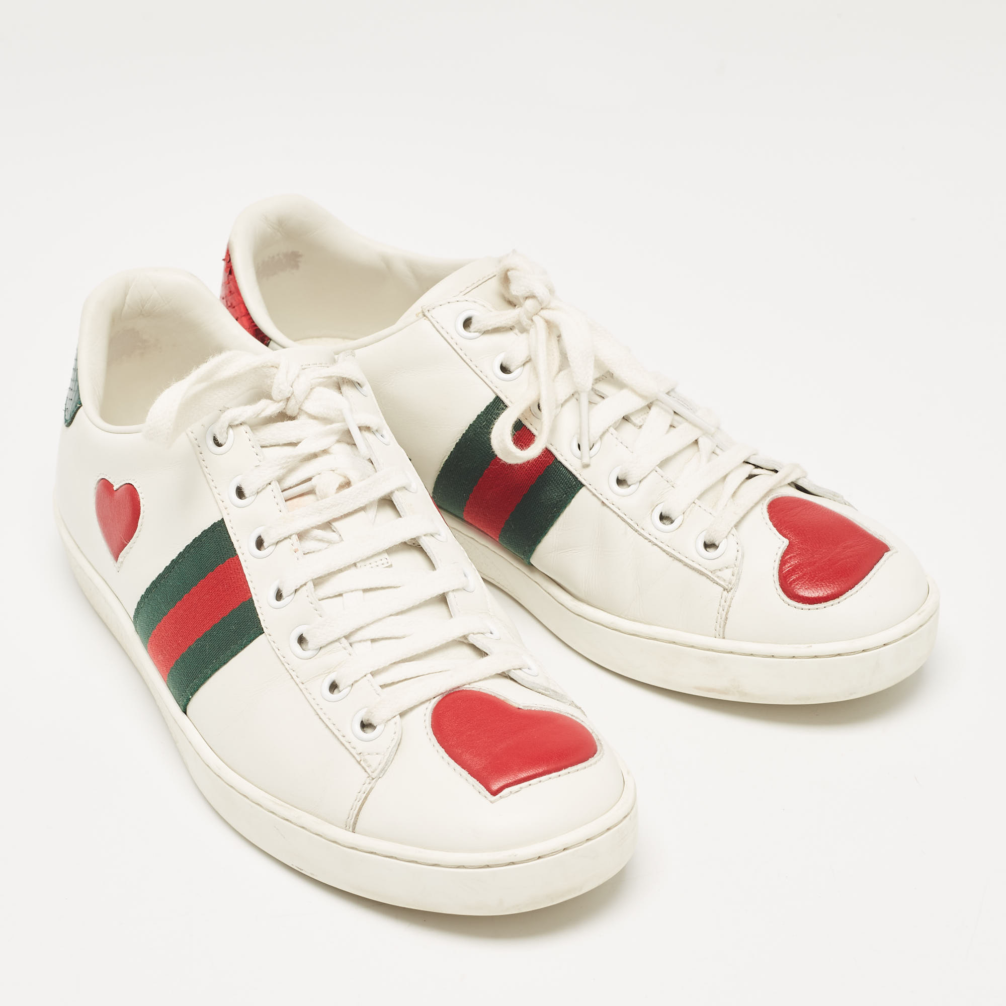 Gucci White Leather And Snakeskin Embossed Ace Web Lace Up Sneakers Size 38.5