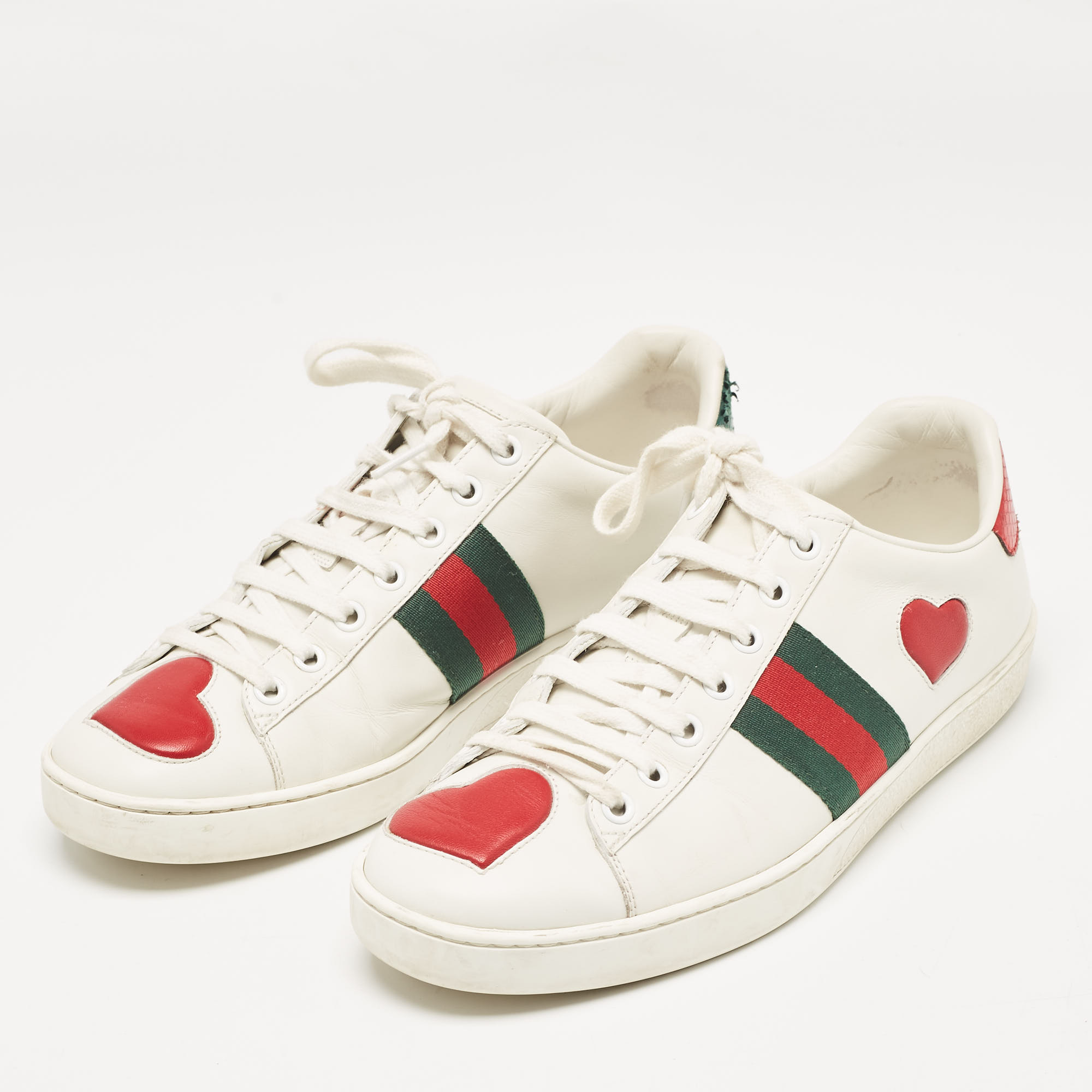 Gucci White Leather And Snakeskin Embossed Ace Web Lace Up Sneakers Size 38.5