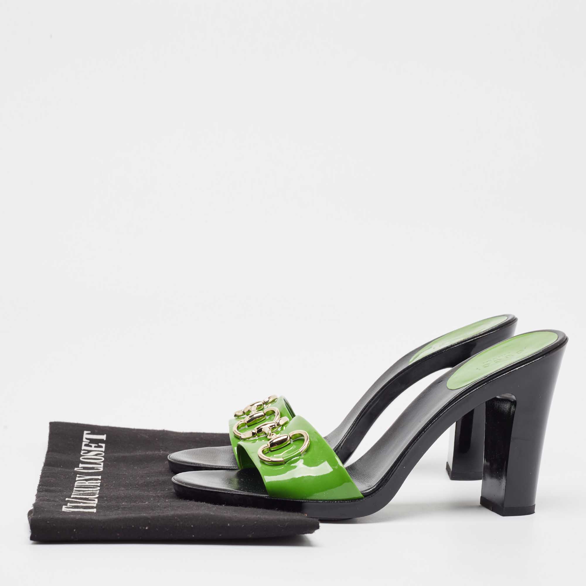 Gucci Green Patent Leather Horsebit Slide Sandals Size 38.5