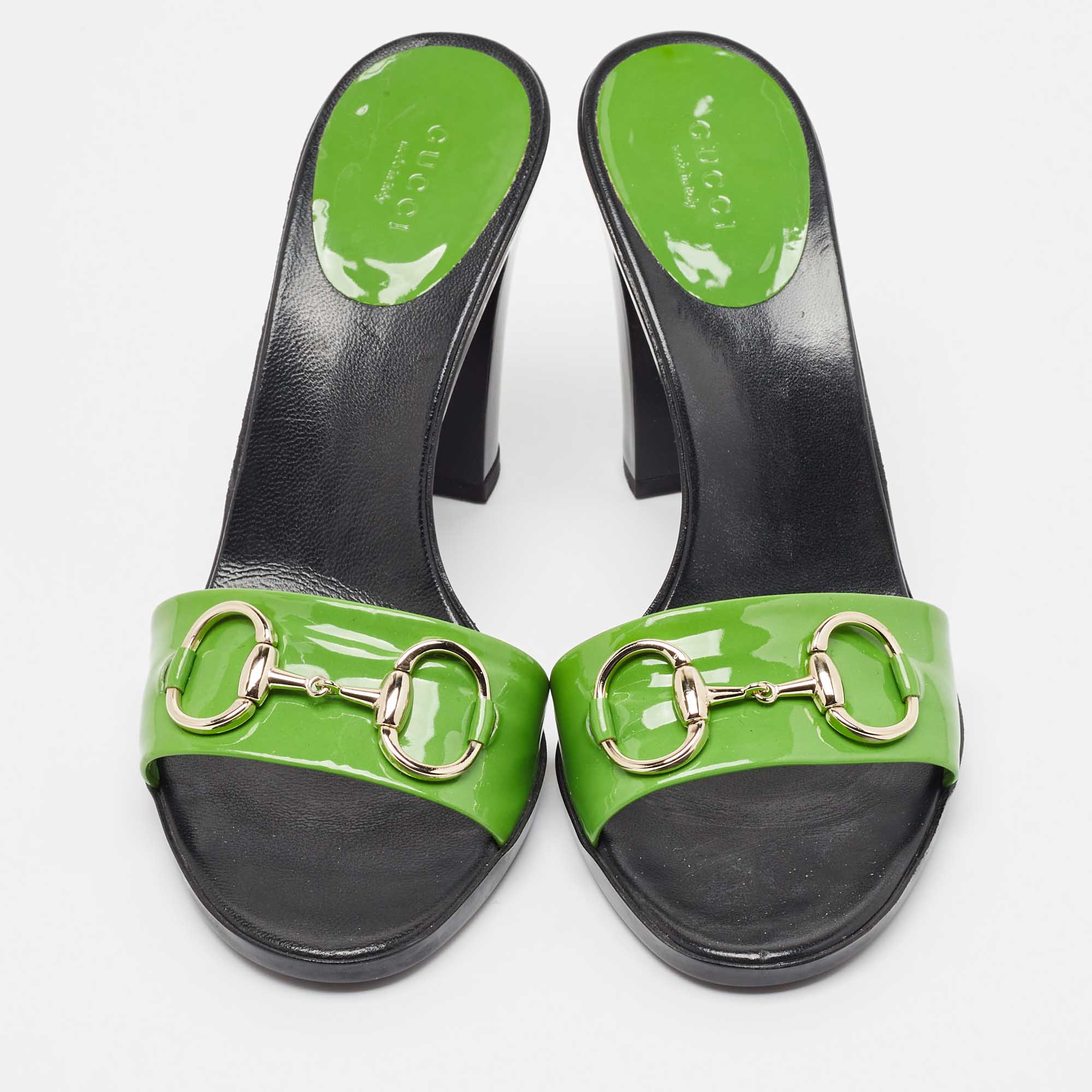 Gucci Green Patent Leather Horsebit Slide Sandals Size 38.5