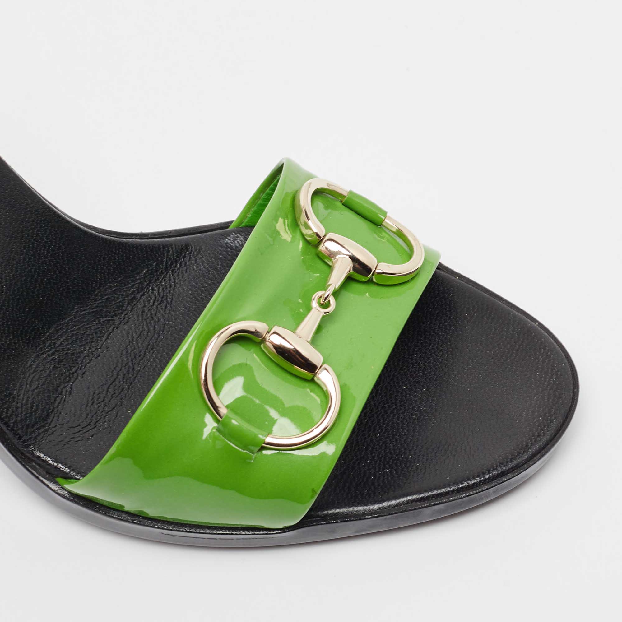 Gucci Green Patent Leather Horsebit Slide Sandals Size 38.5