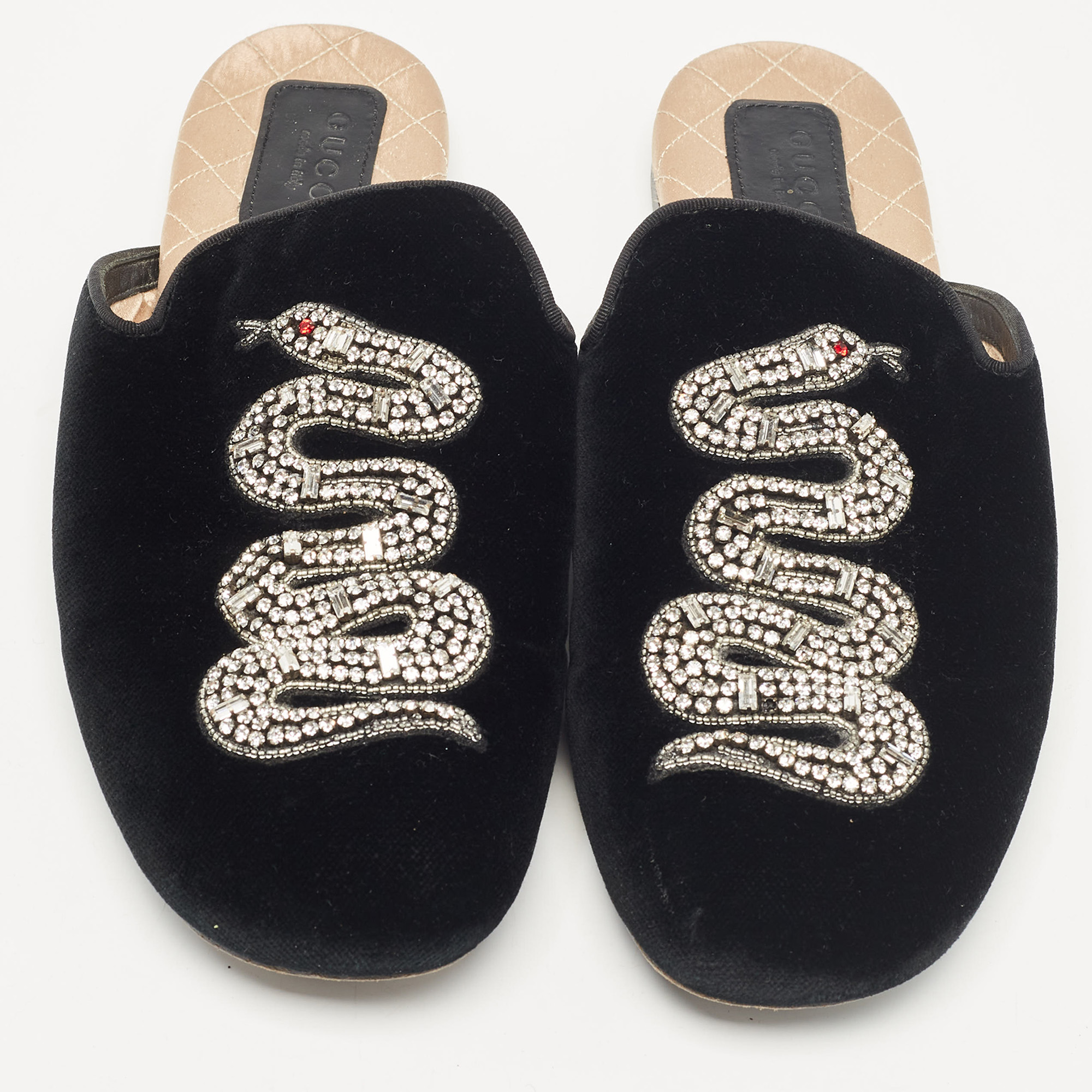 Gucci Black Velvet Crystal Embellished Snake Flat Mules Size 38