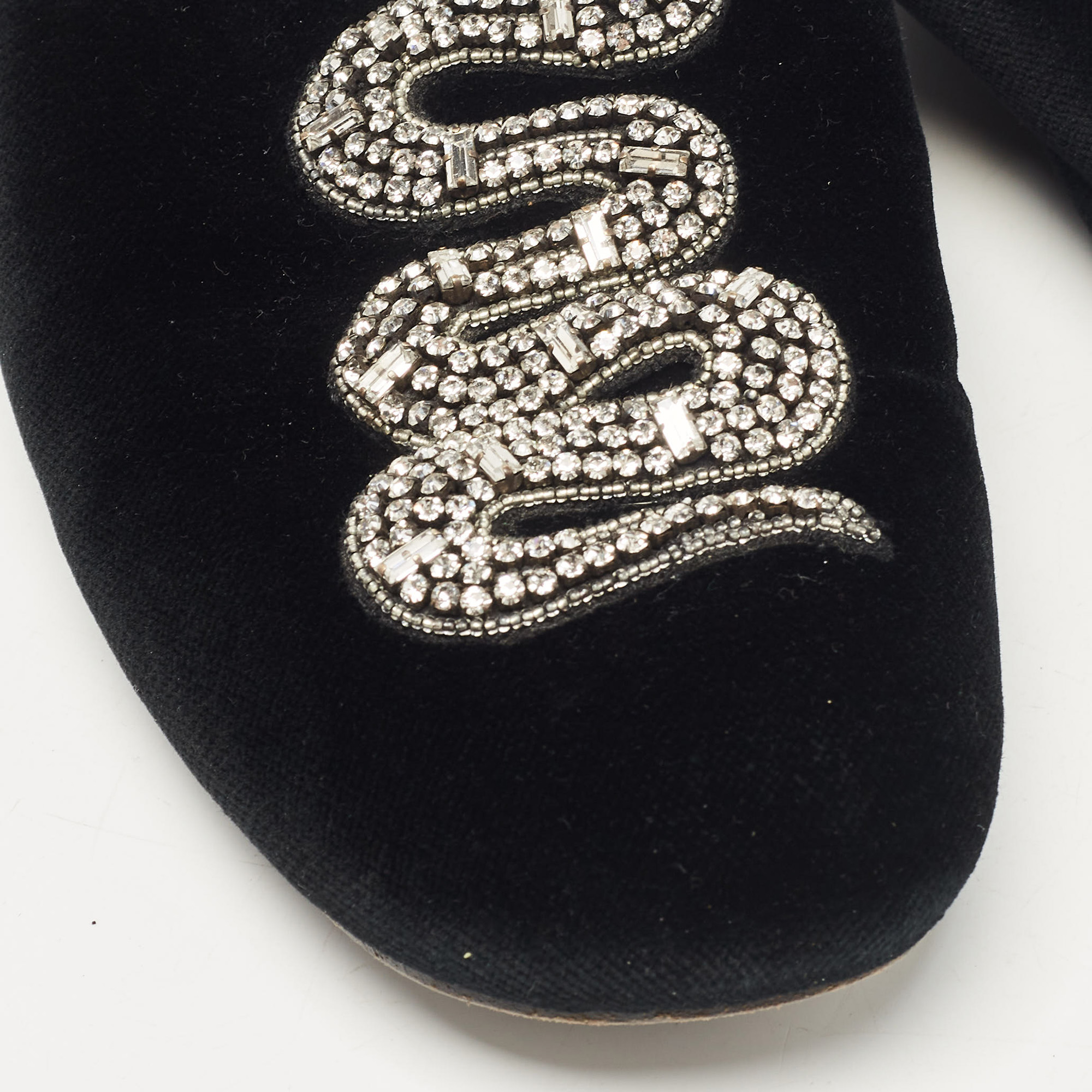 Gucci Black Velvet Crystal Embellished Snake Flat Mules Size 38