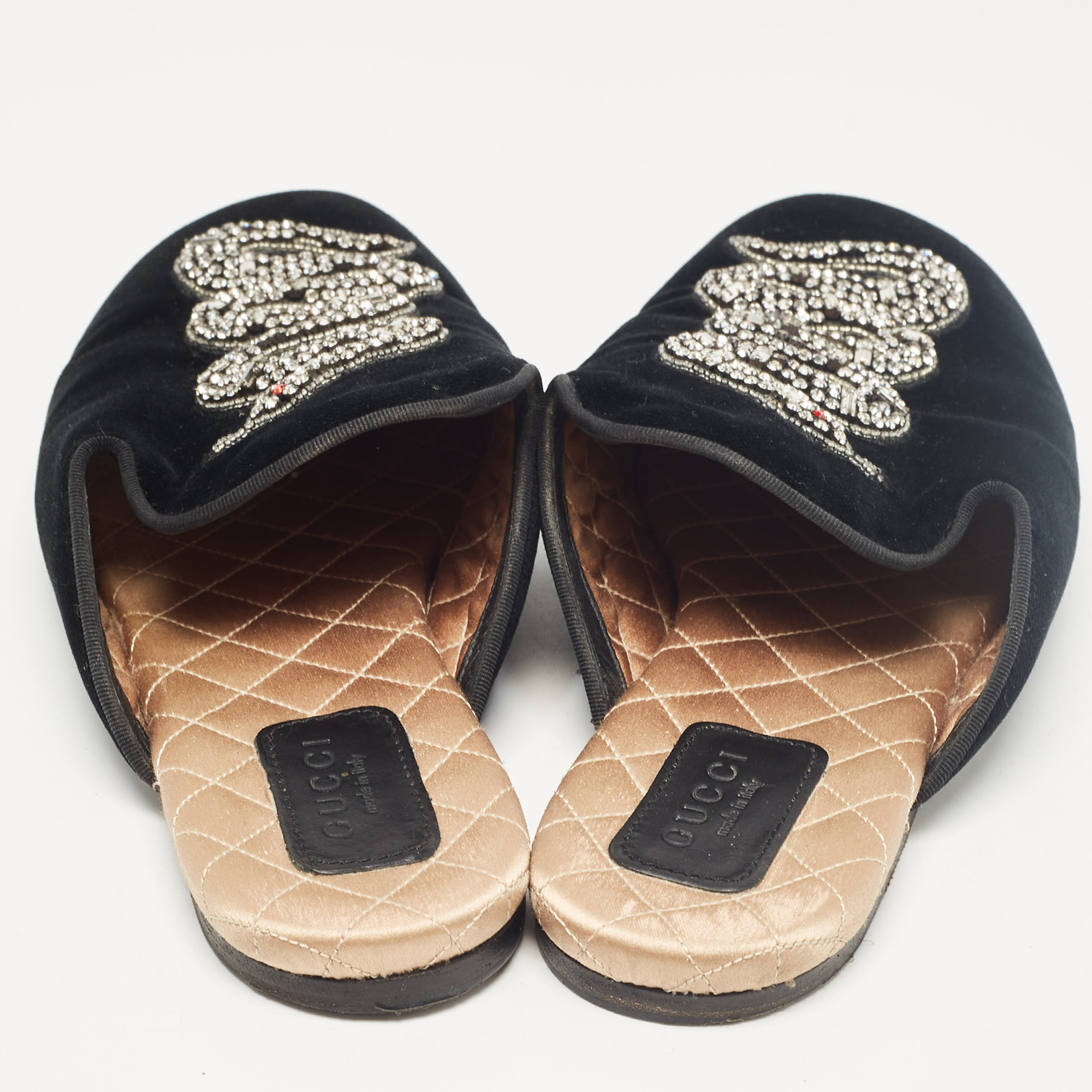 Gucci Black Velvet Crystal Embellished Snake Flat Mules Size 38