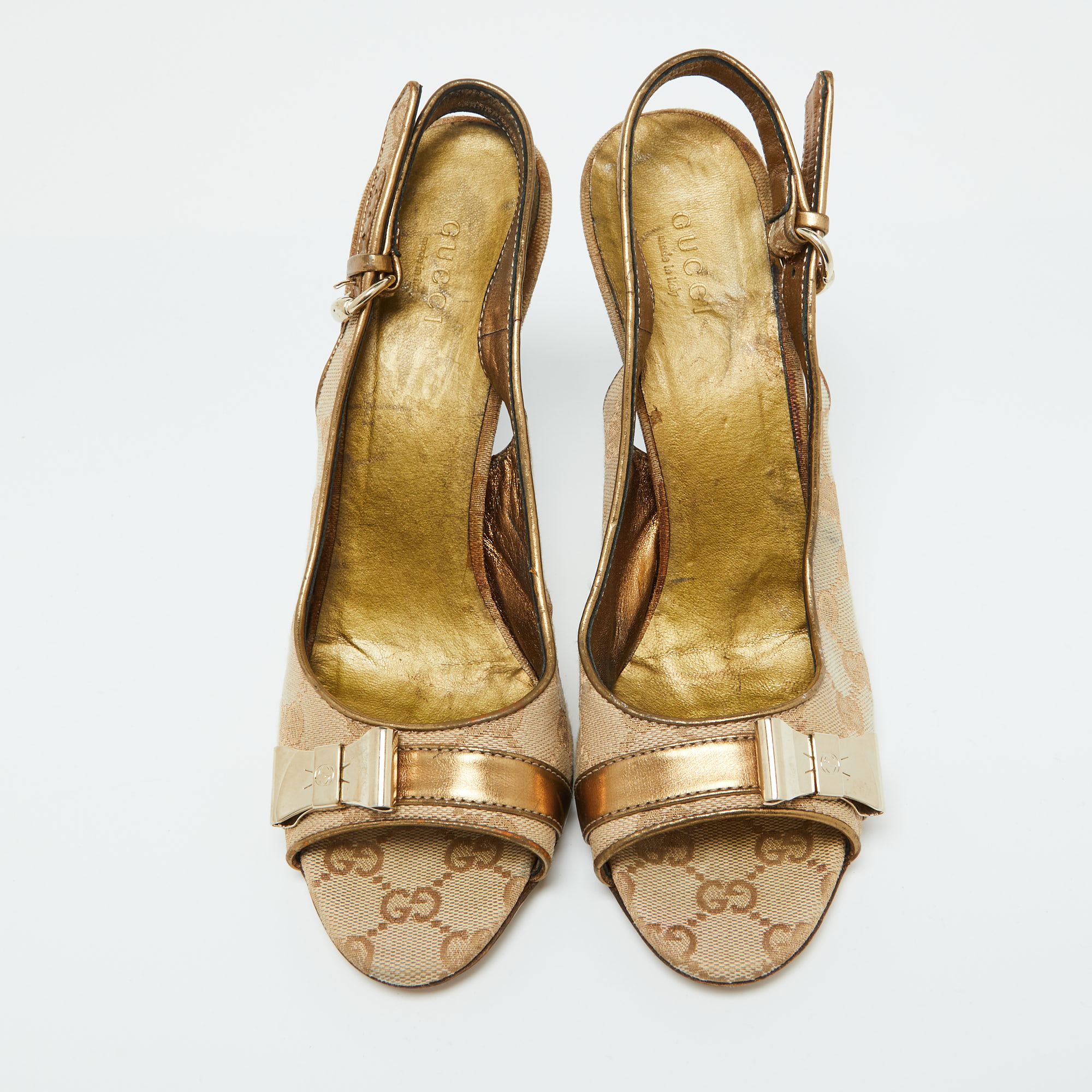 Gucci Beige/Gold GG Canvas And Leather Slingback Sandals Size 38