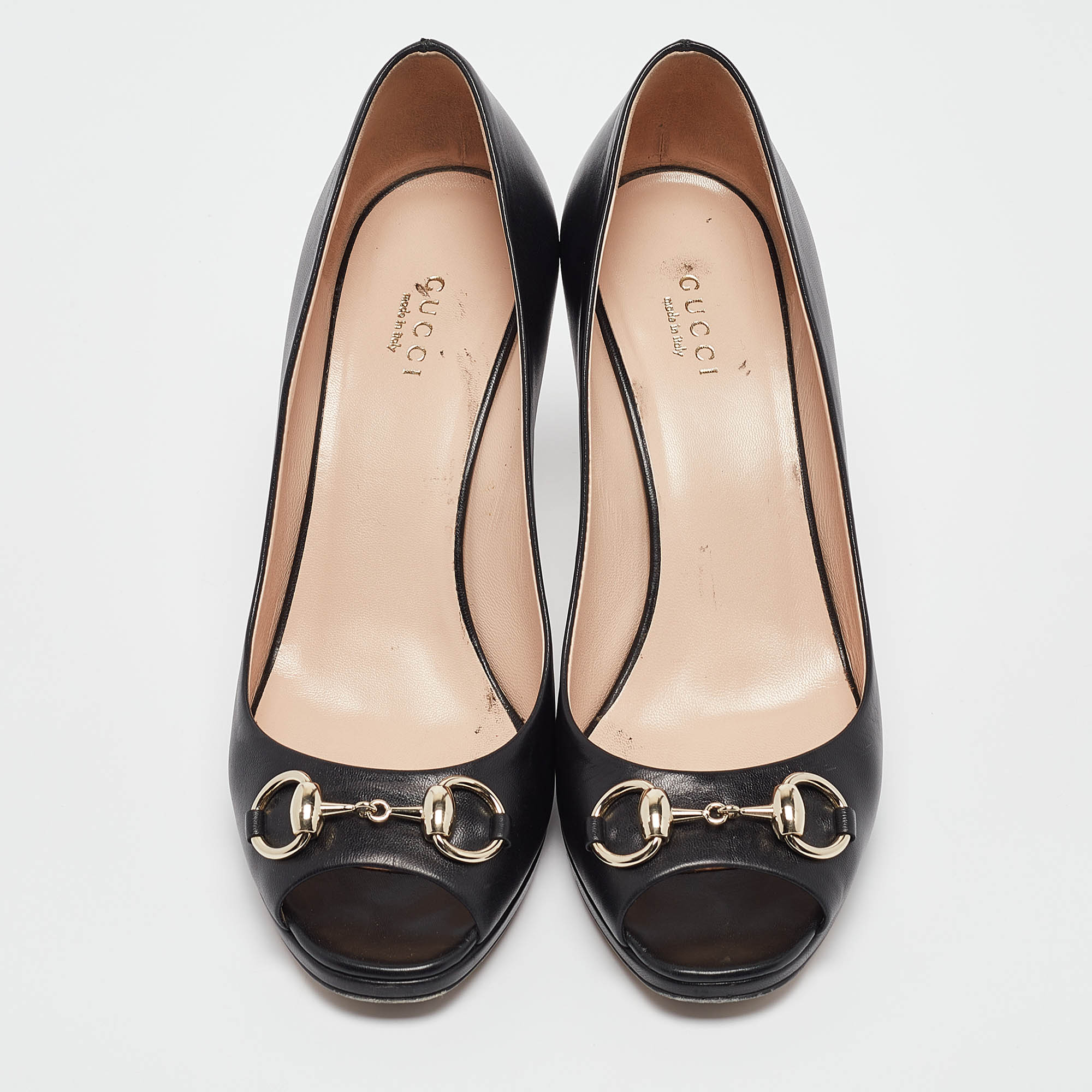 Gucci Black Leather Open Toe Platform Pumps Size 38.5