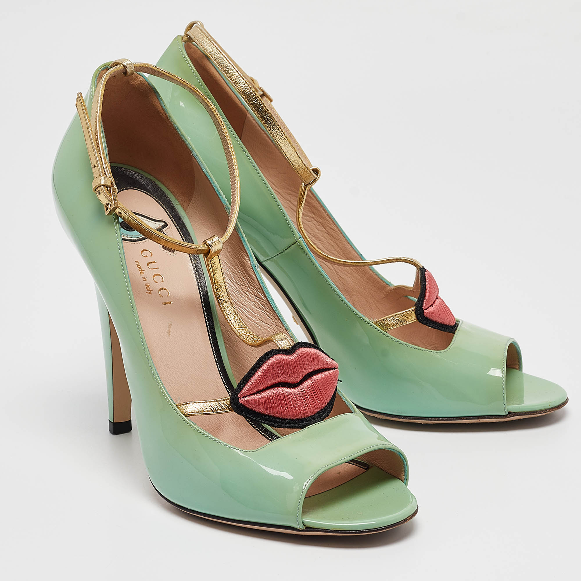 Gucci Green Patent Leather Molina Peep Toe Pumps Size 39