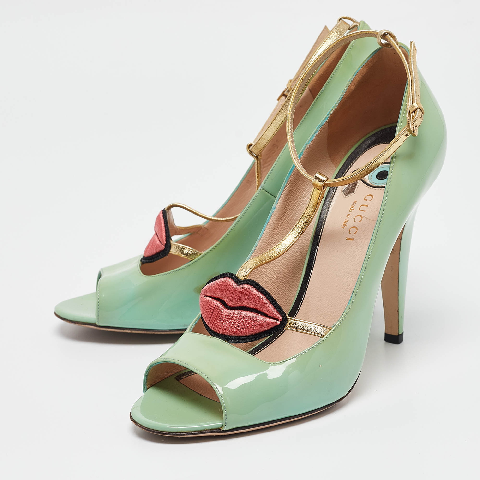 Gucci Green Patent Leather Molina Peep Toe Pumps Size 39