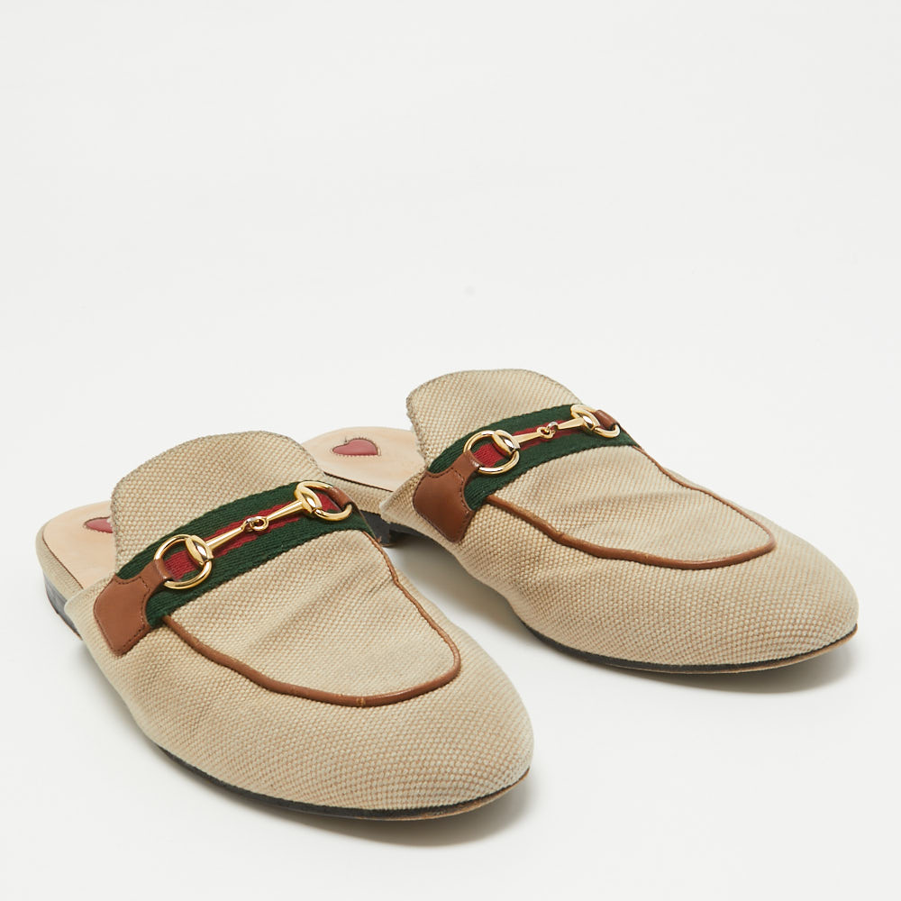 Gucci Beige Canvas Web Princetown Mules Size 40