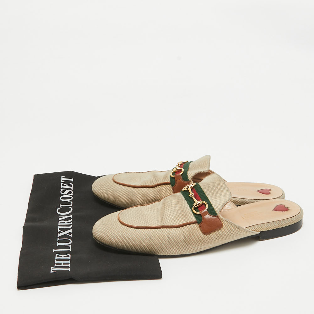 Gucci Beige Canvas Web Princetown Mules Size 40