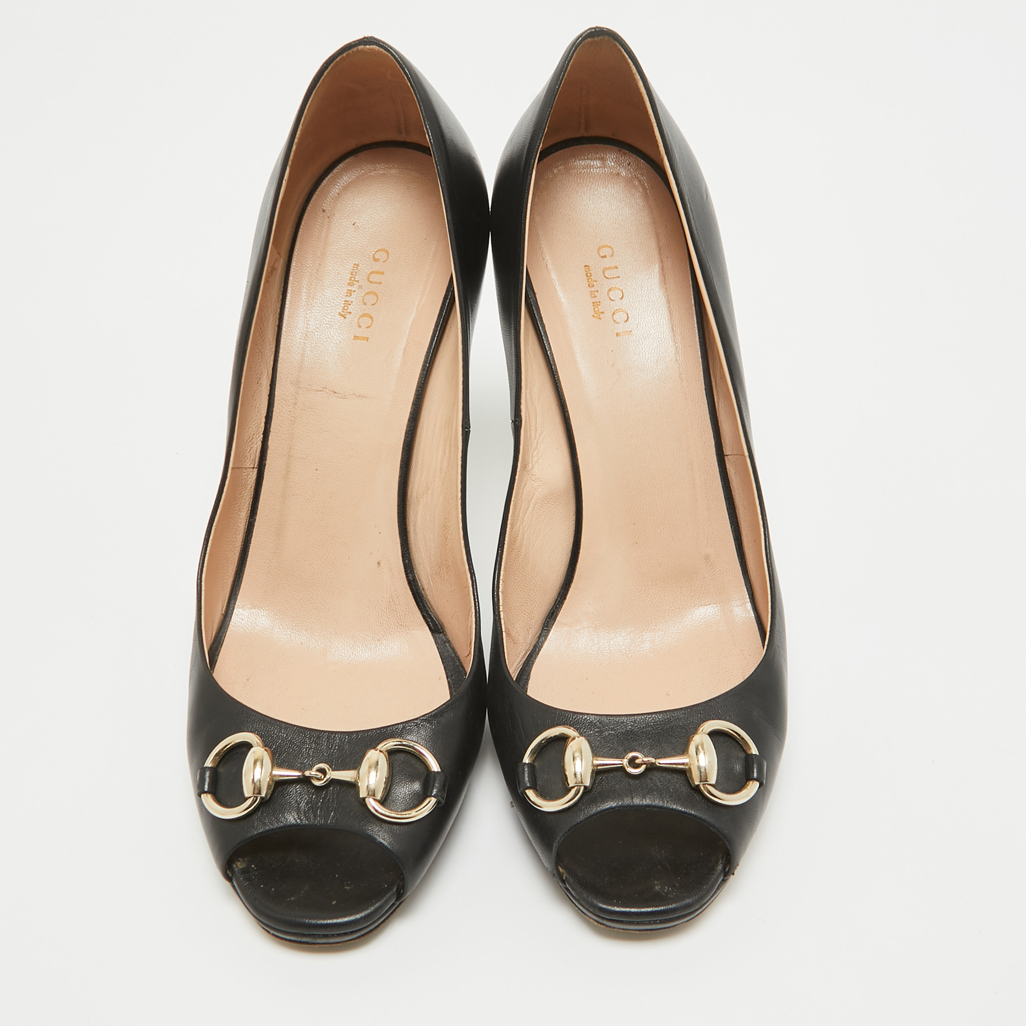 Gucci Black Leather Hollywood Peep Toe Pumps Size 38.5