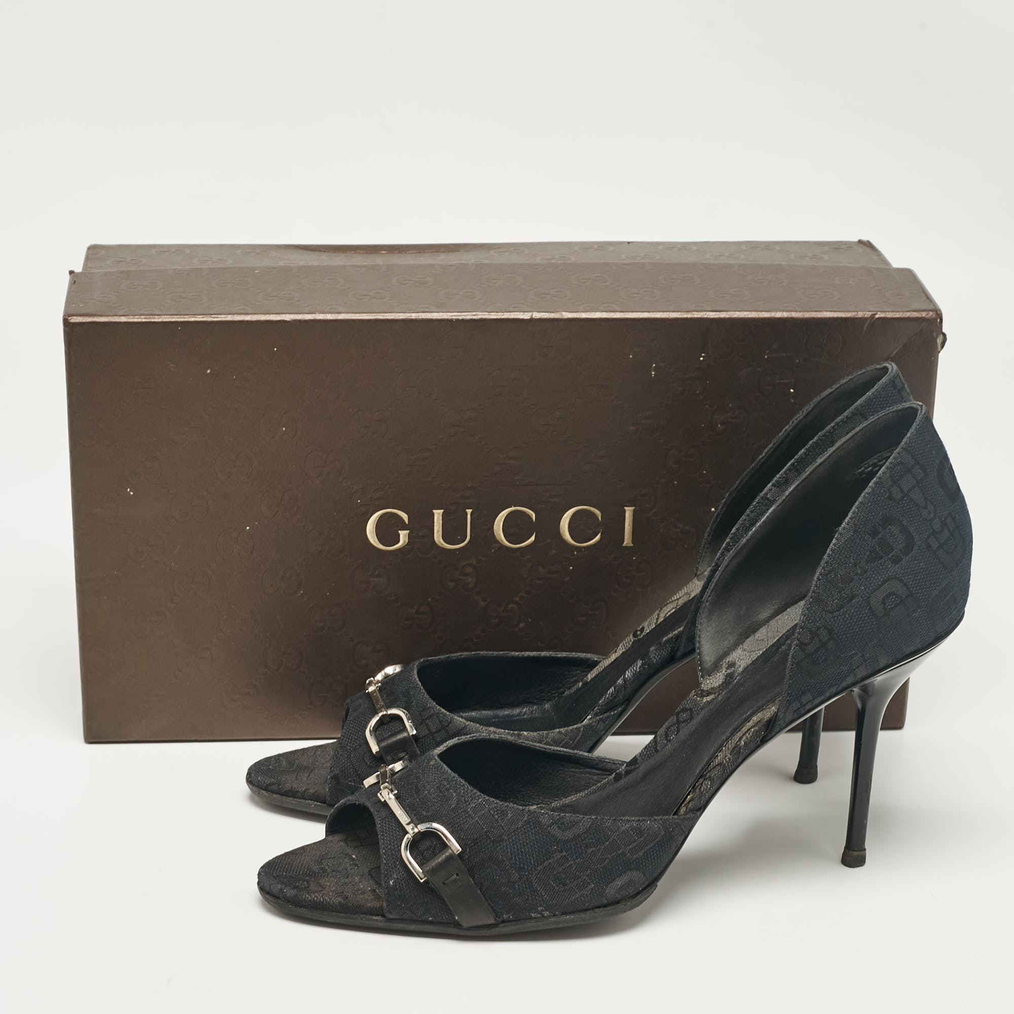 Gucci Black Printed Canvas Horsebit D'orsay Sandals Size 40