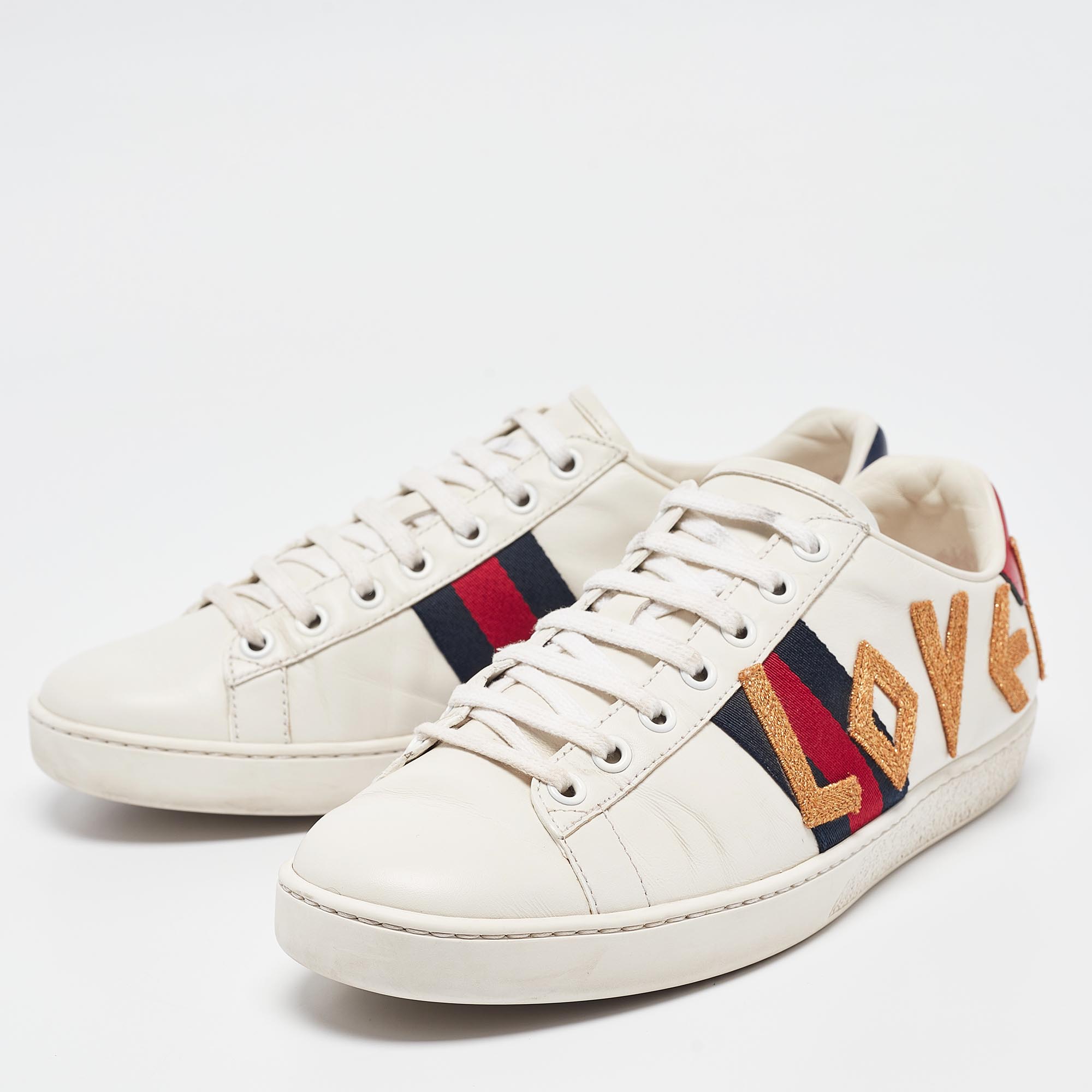 Gucci White Leather Web Ace Lace Up Sneakers Size 38