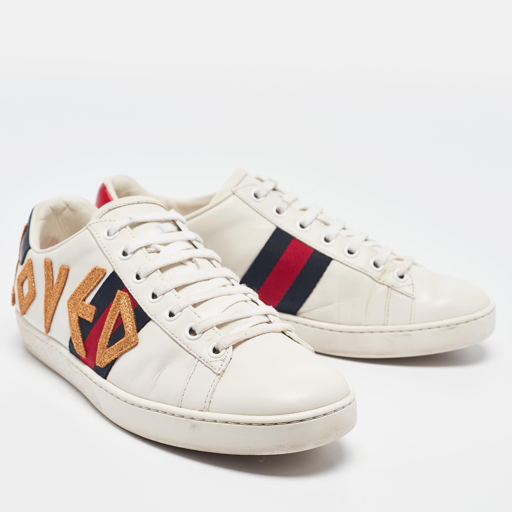 Gucci White Leather Web Ace Lace Up Sneakers Size 38