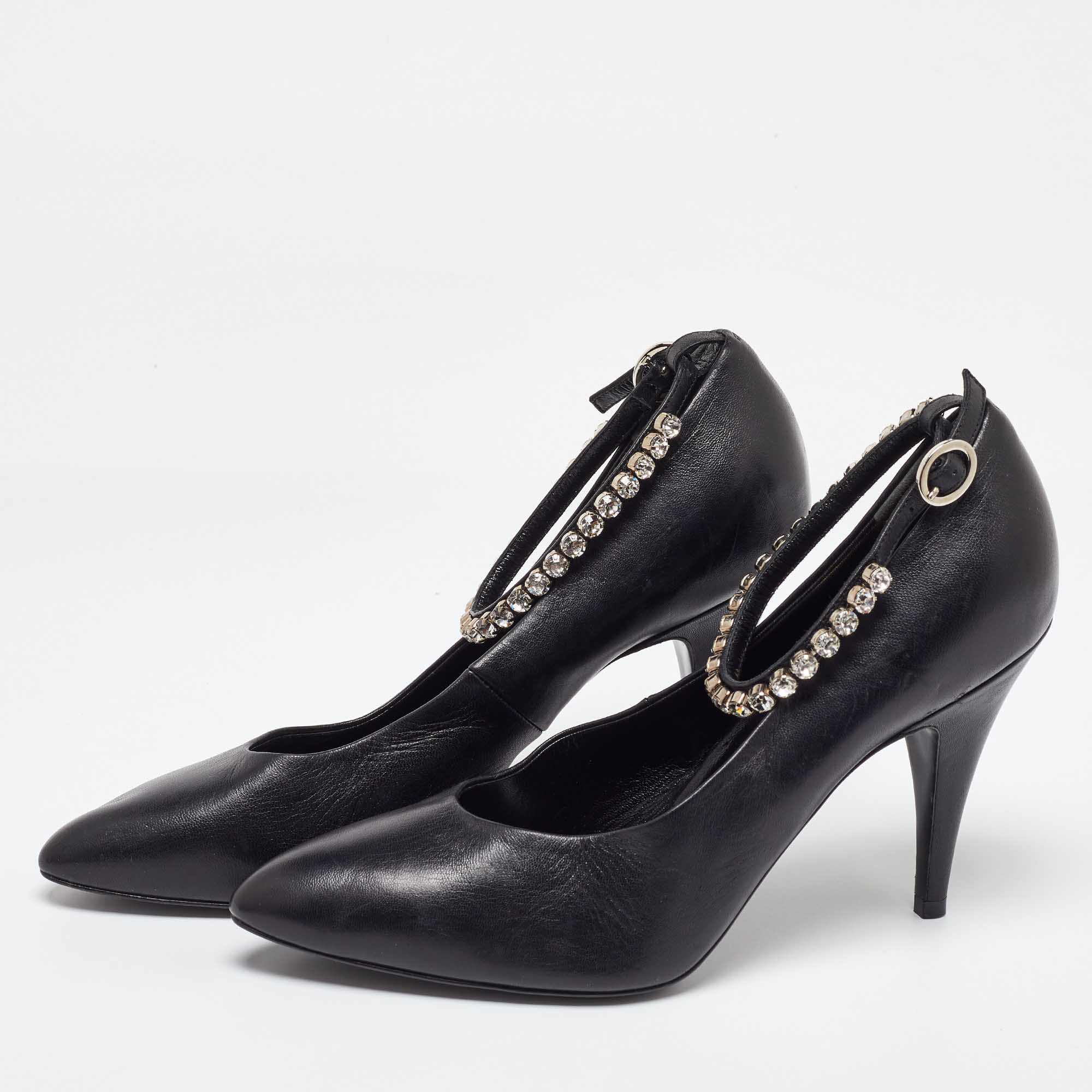 Gucci Black Leather Crystal Embellished Ankle Strap Pumps Size 40