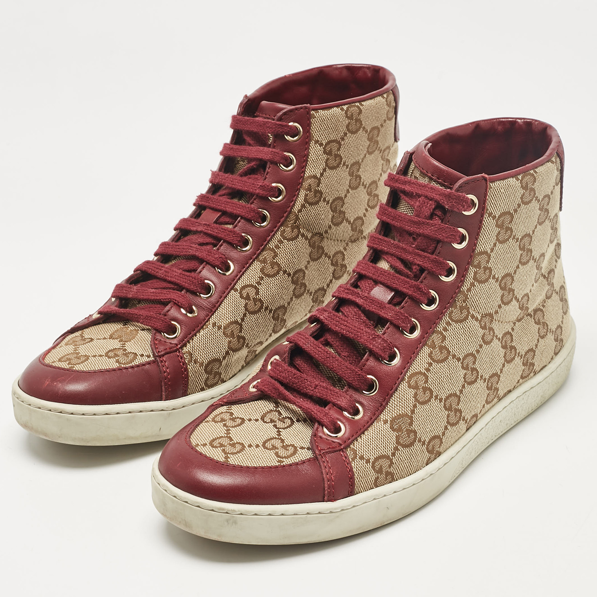 Gucci Brown/Beige GG Canvas And Leather High Top Sneakers Size 38