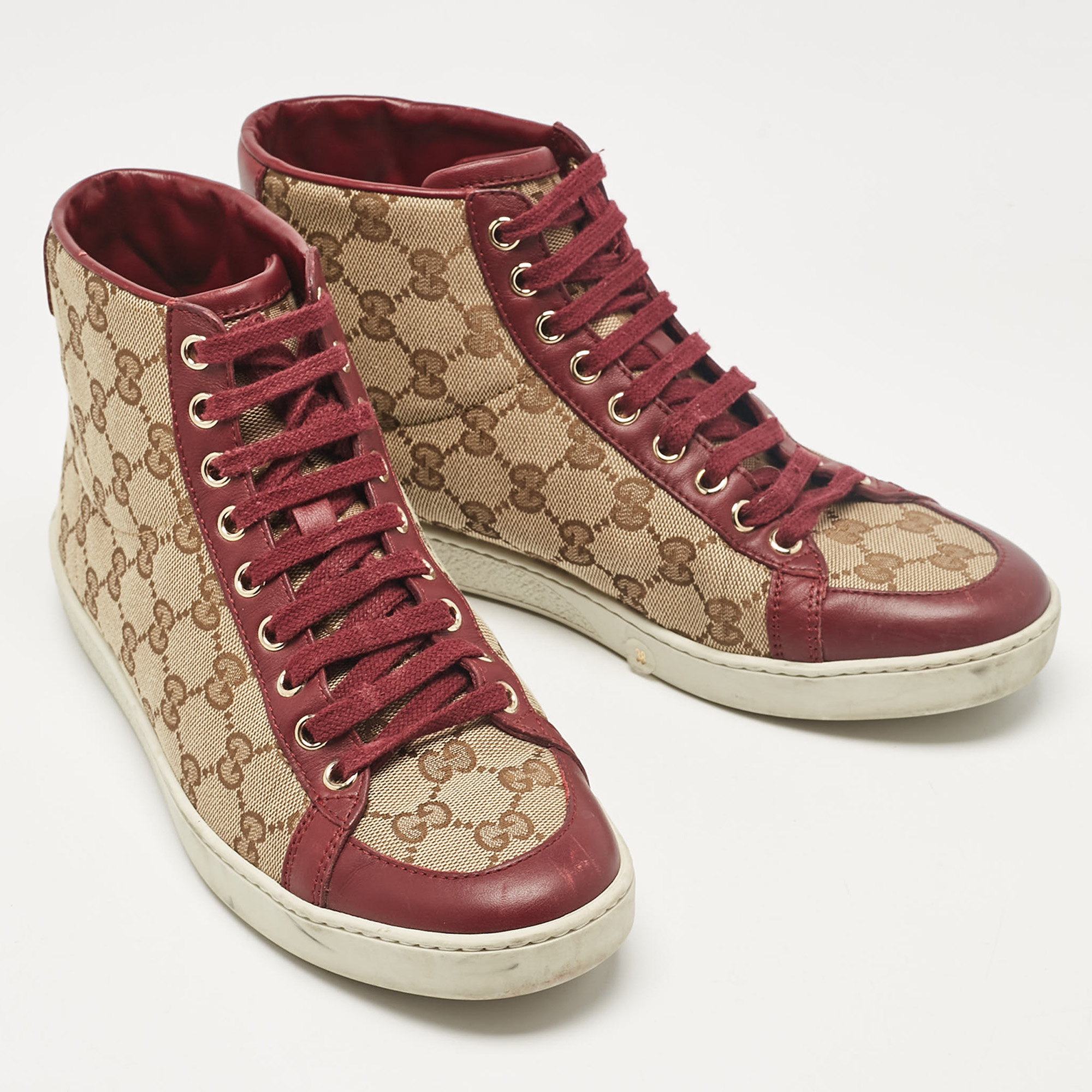 Gucci Brown/Beige GG Canvas And Leather High Top Sneakers Size 38