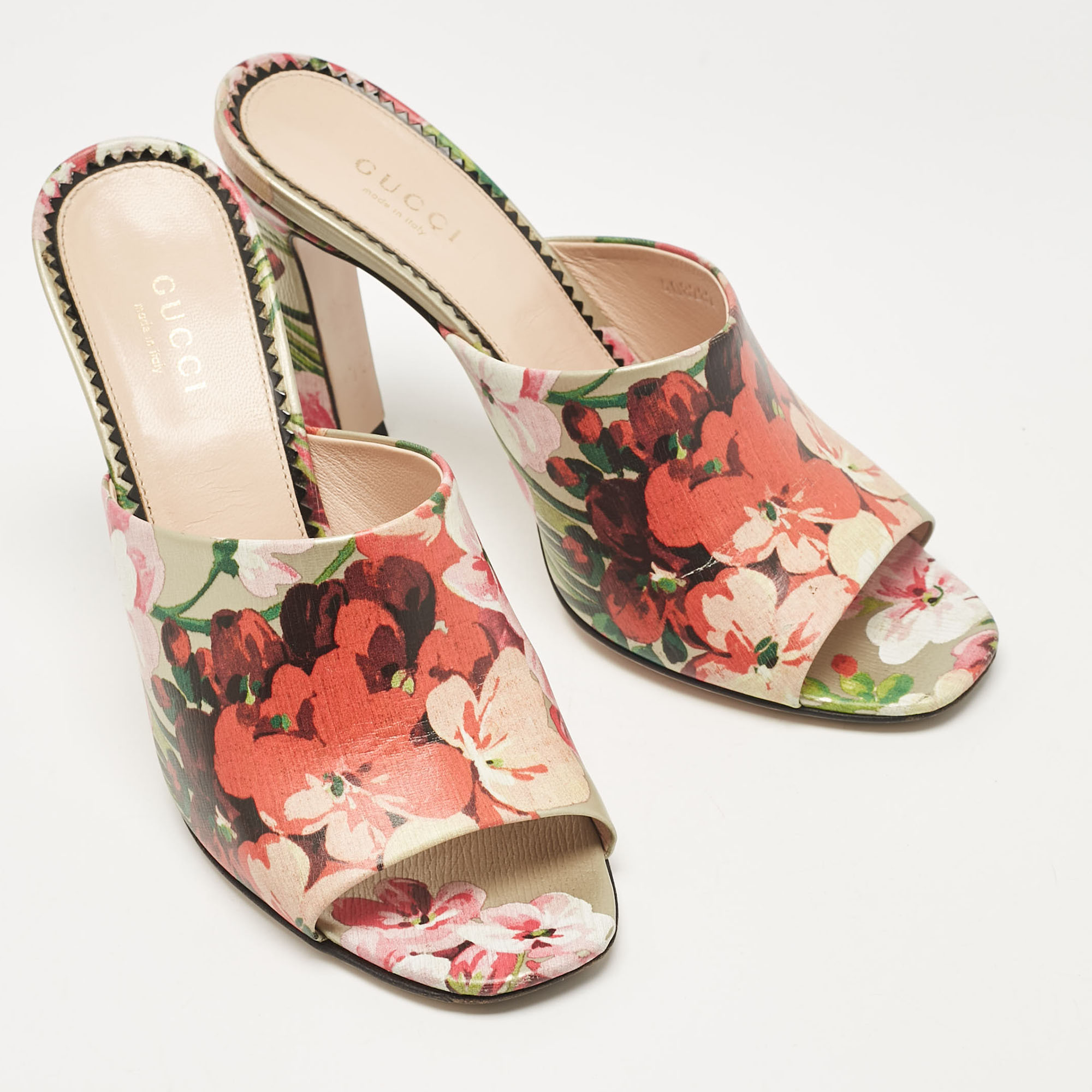 Gucci Multicolor Shanghai Blooms Print Leather Slide Sandals Size 36.5