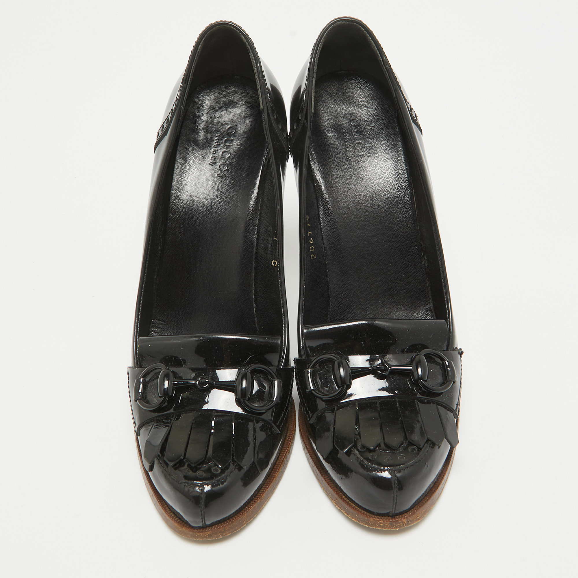 Gucci Black Patent Leather Horsebit Fringe Loafer Pumps Size 37