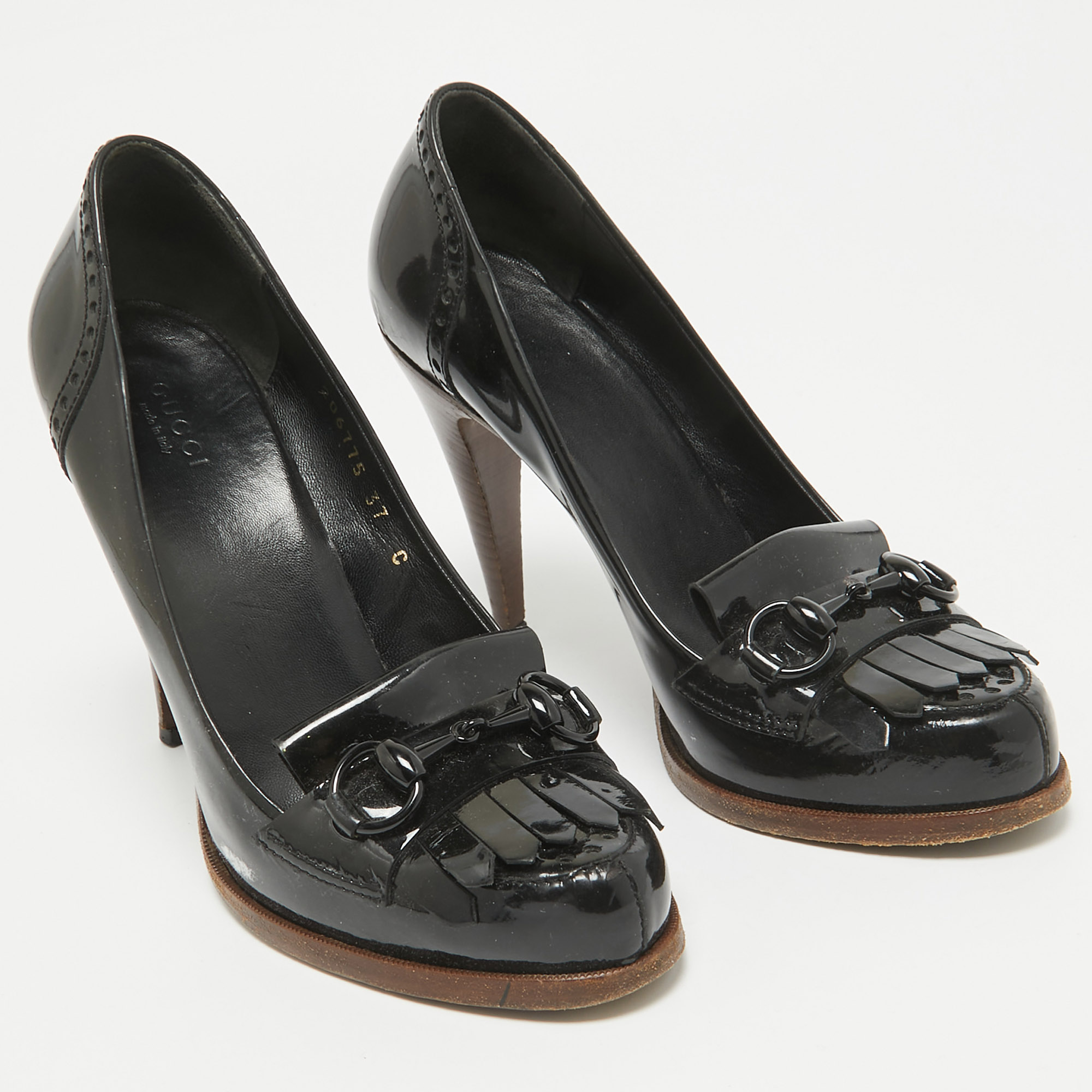 Gucci Black Patent Leather Horsebit Fringe Loafer Pumps Size 37