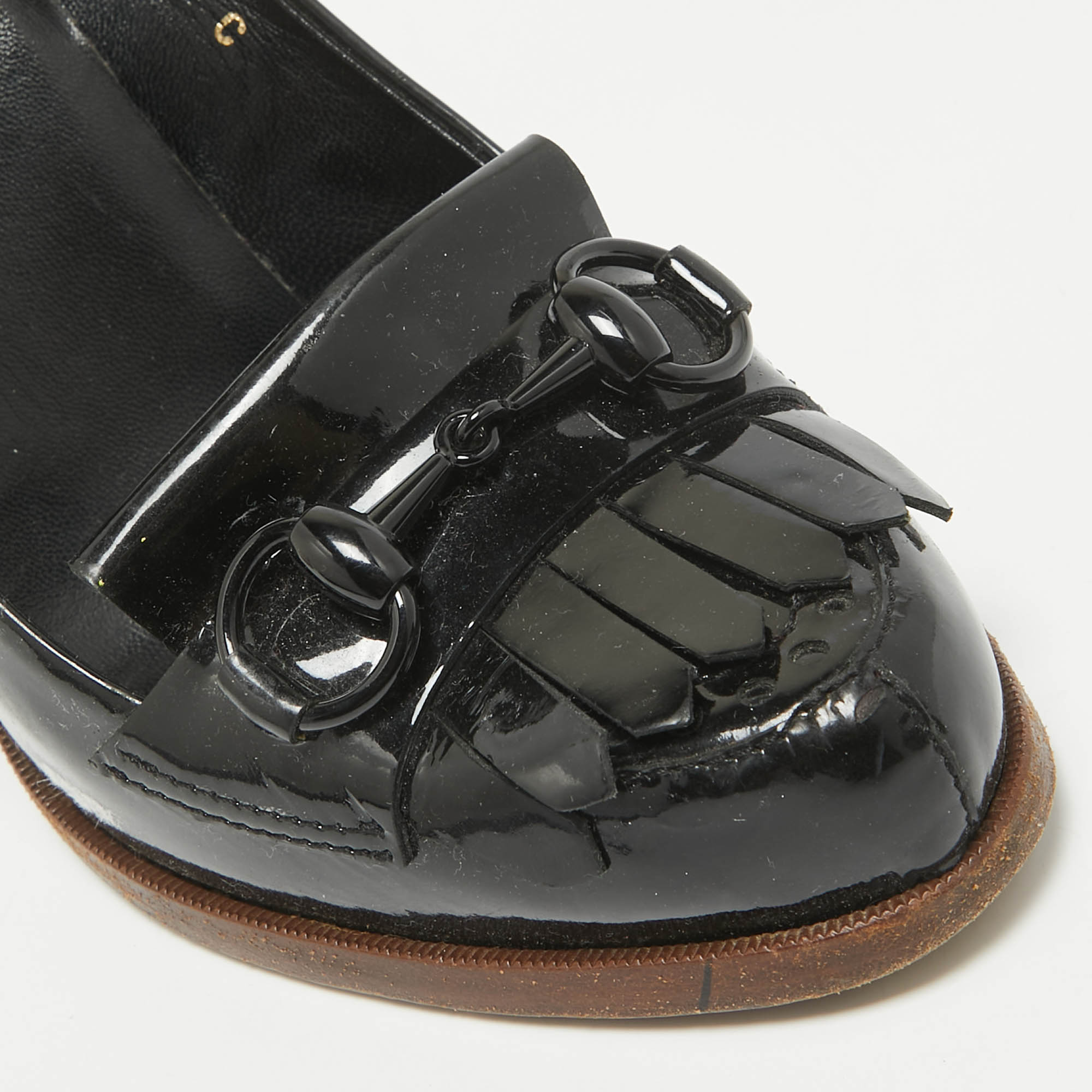 Gucci Black Patent Leather Horsebit Fringe Loafer Pumps Size 37