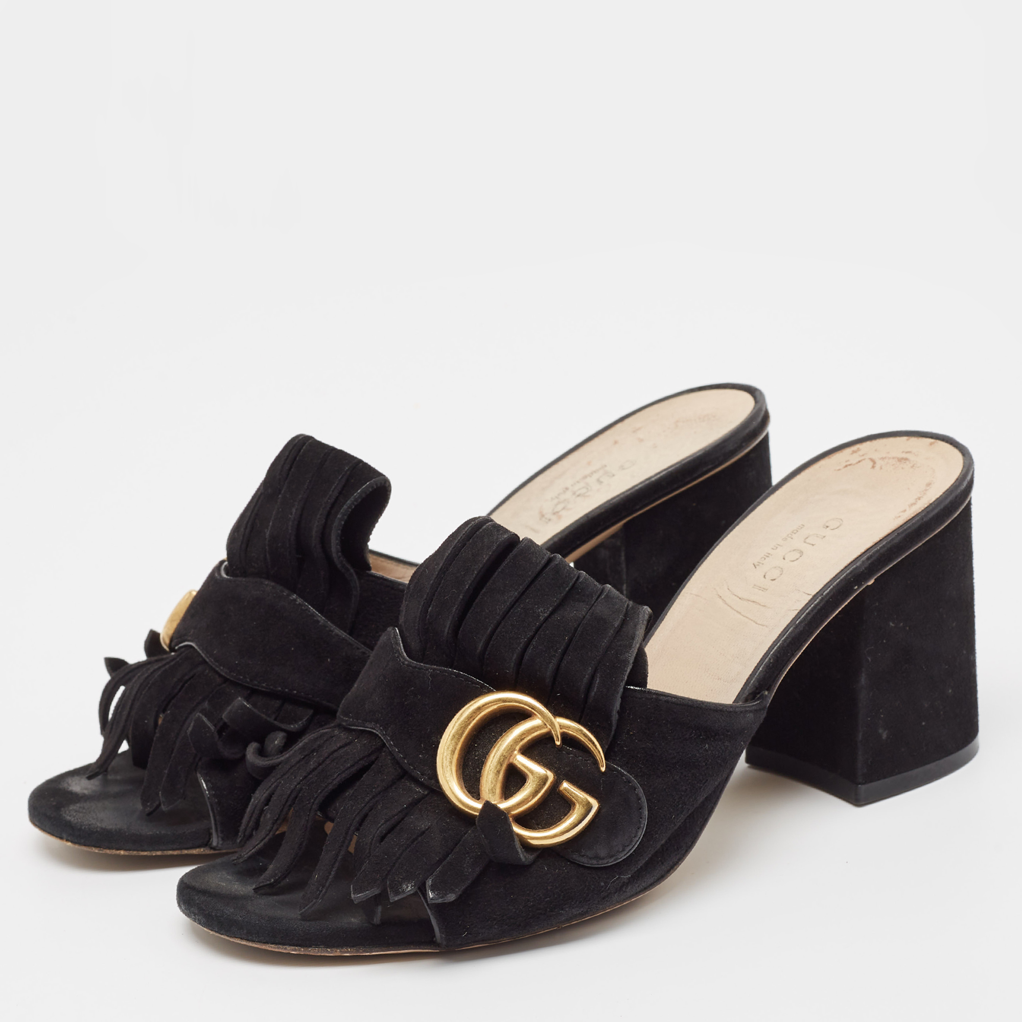 Gucci Black Suede GG Marmont Slide Sandals Size 36.5