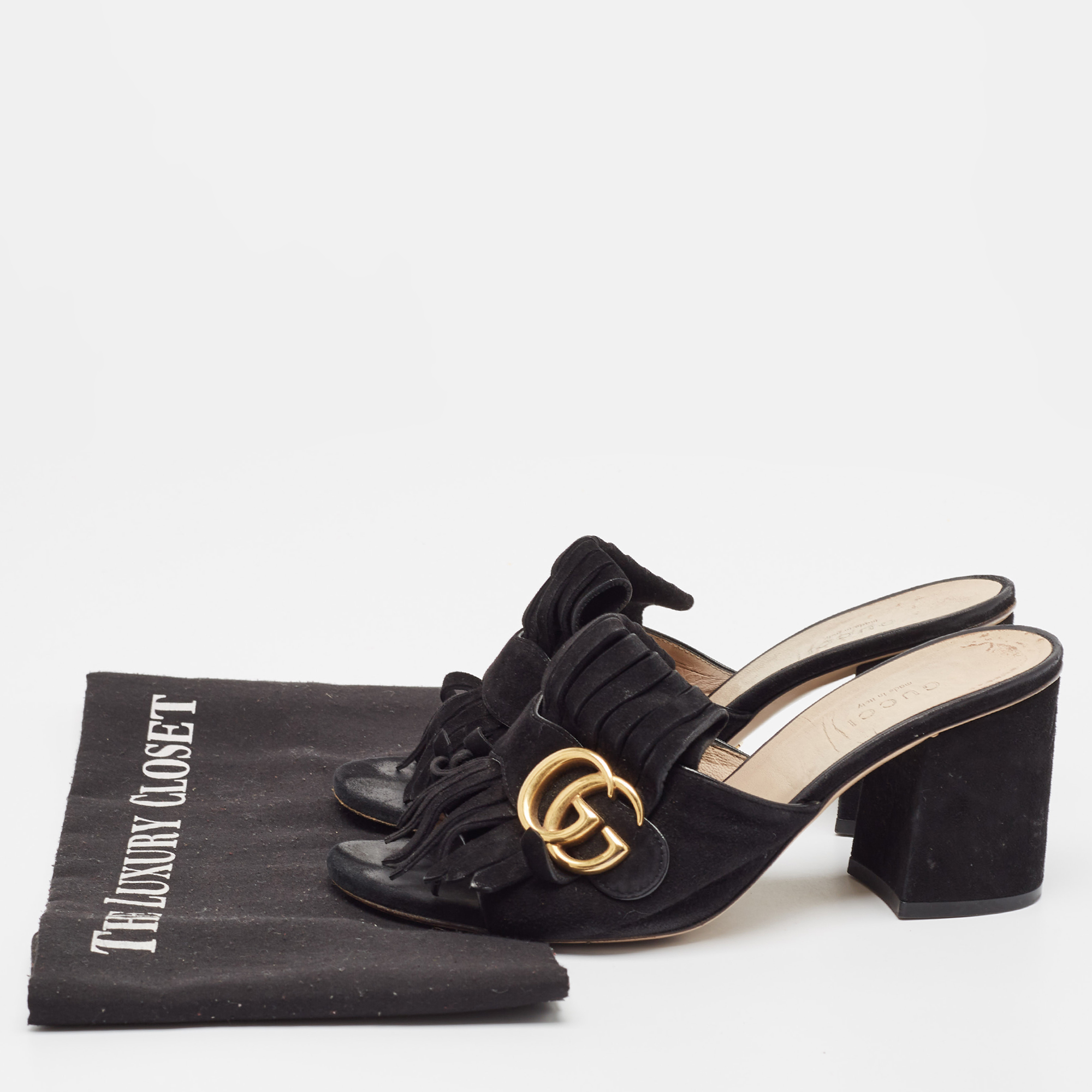 Gucci Black Suede GG Marmont Slide Sandals Size 36.5