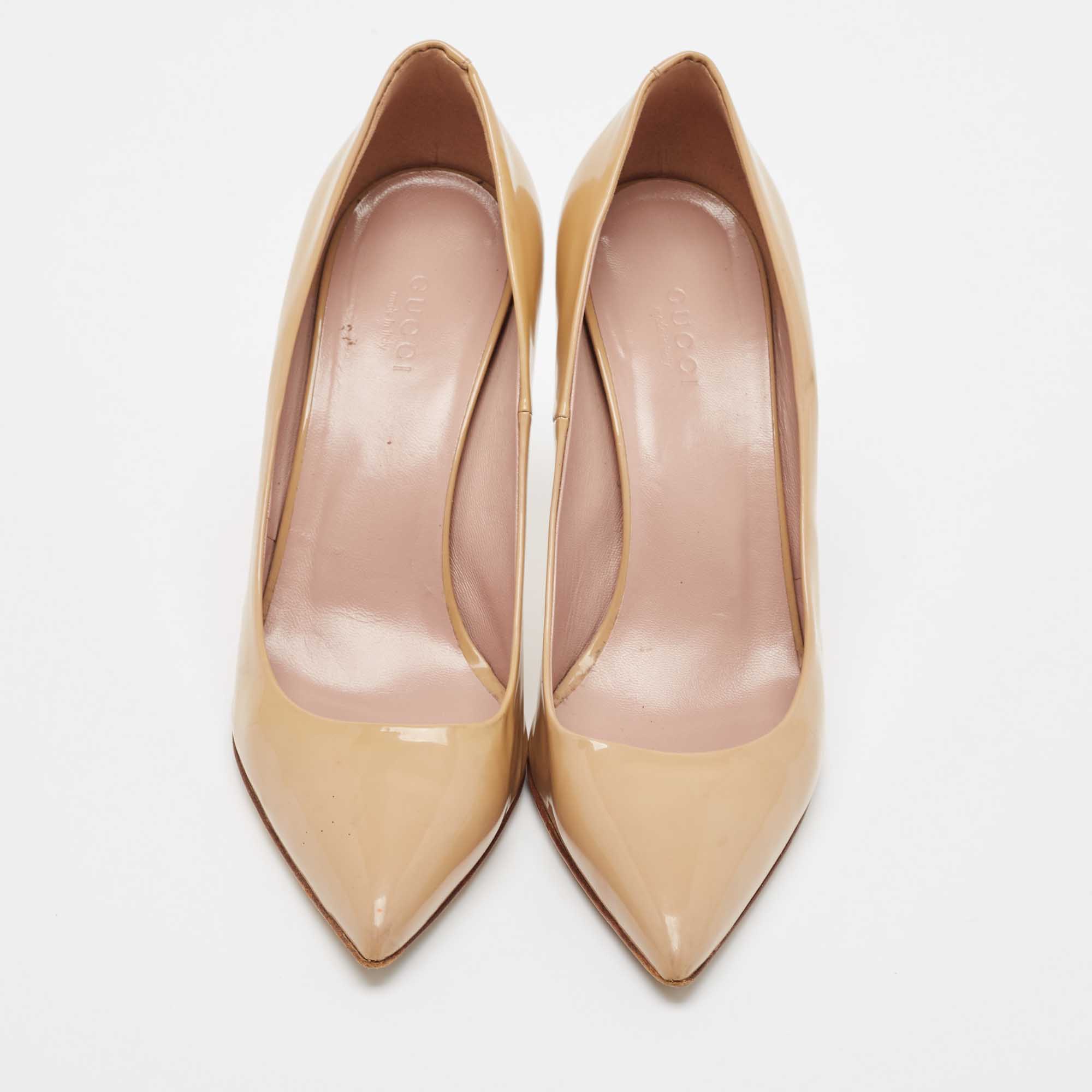 Gucci Beige Patent Leather Pointed Toe Pumps Size 37.5