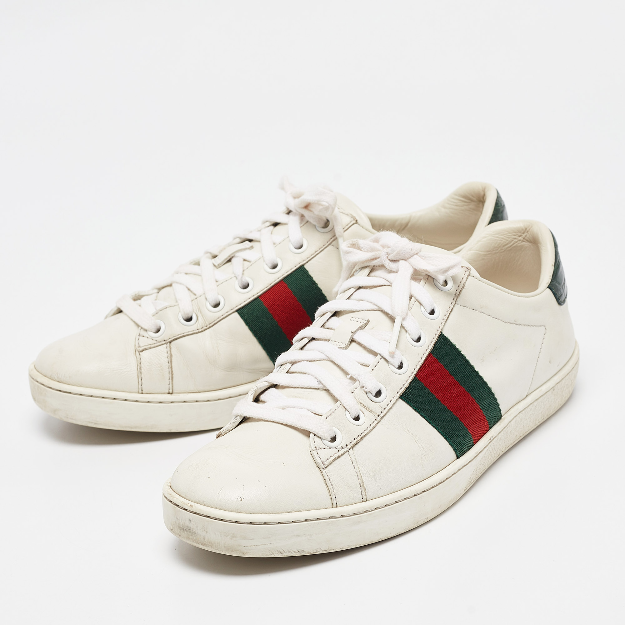 Gucci White Leather Ace Lace Up Sneakers Size 37.5