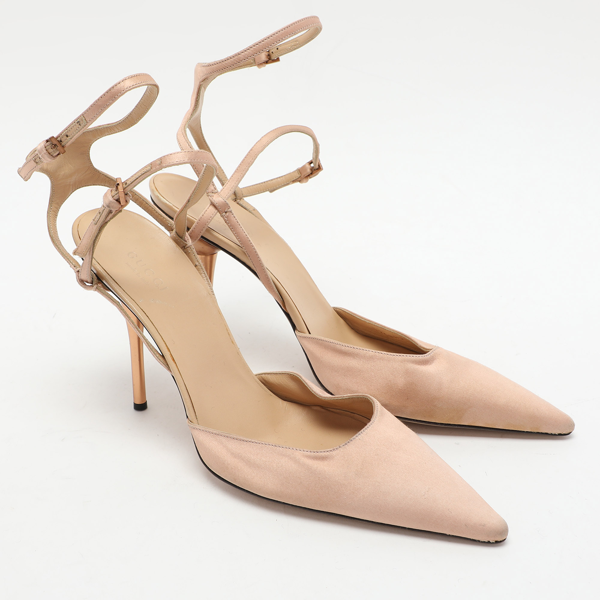 Gucci Beige Satin Pointed Toe Ankle Strap Sandals Size 37.5