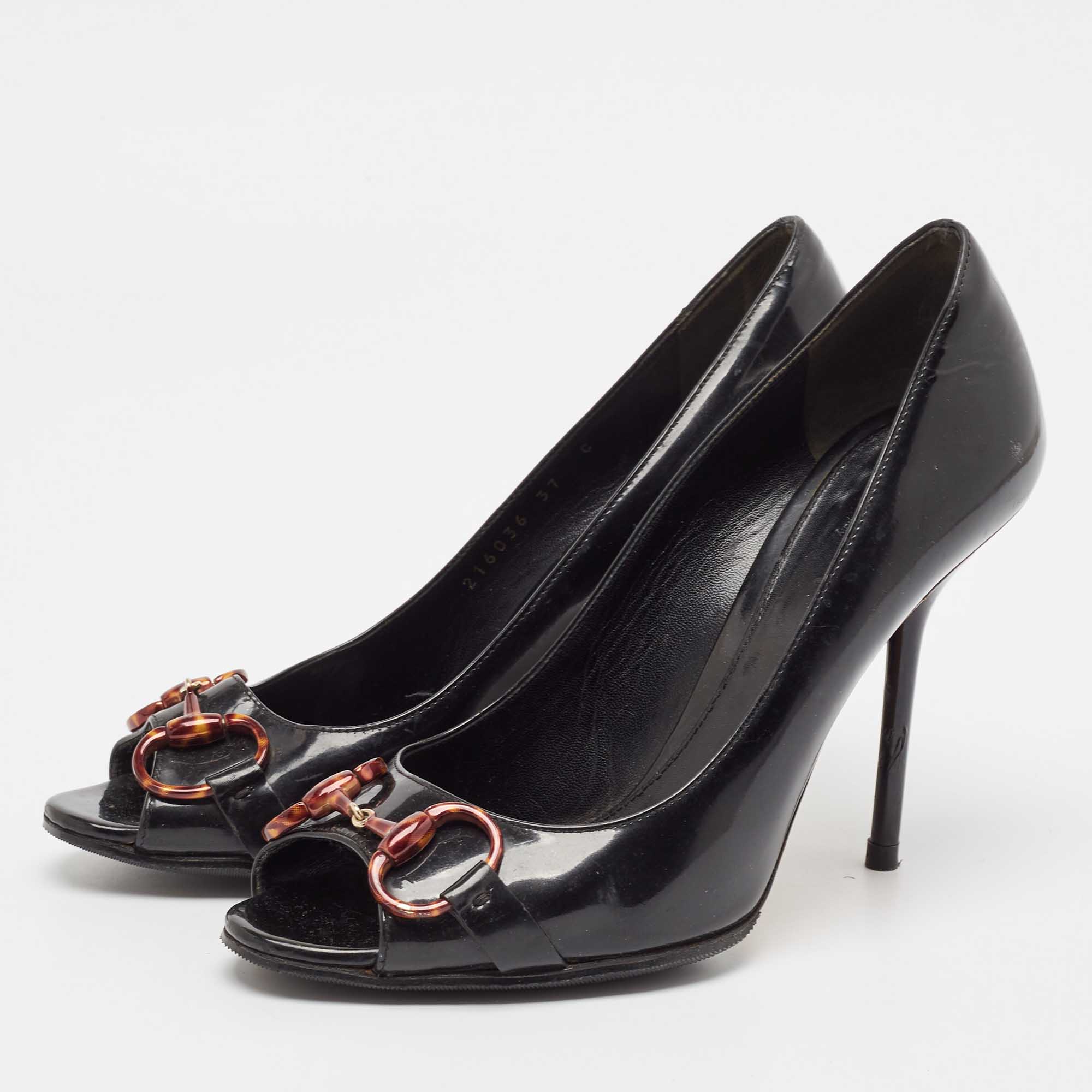 Gucci Black Patent Leather Horsebit Peep Toe Pumps Size 37