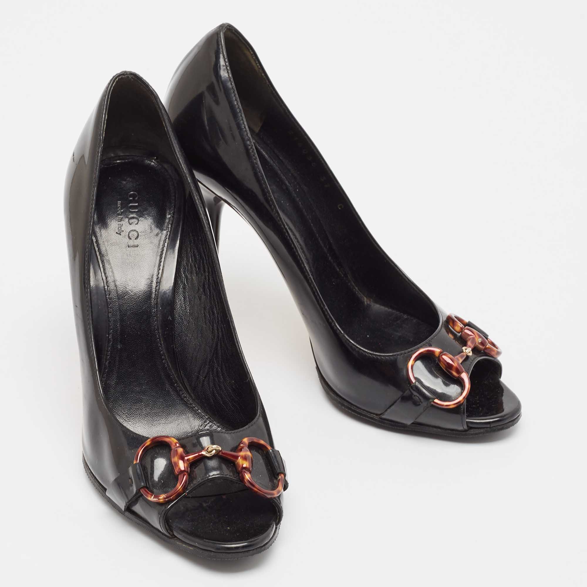 Gucci Black Patent Leather Horsebit Peep Toe Pumps Size 37