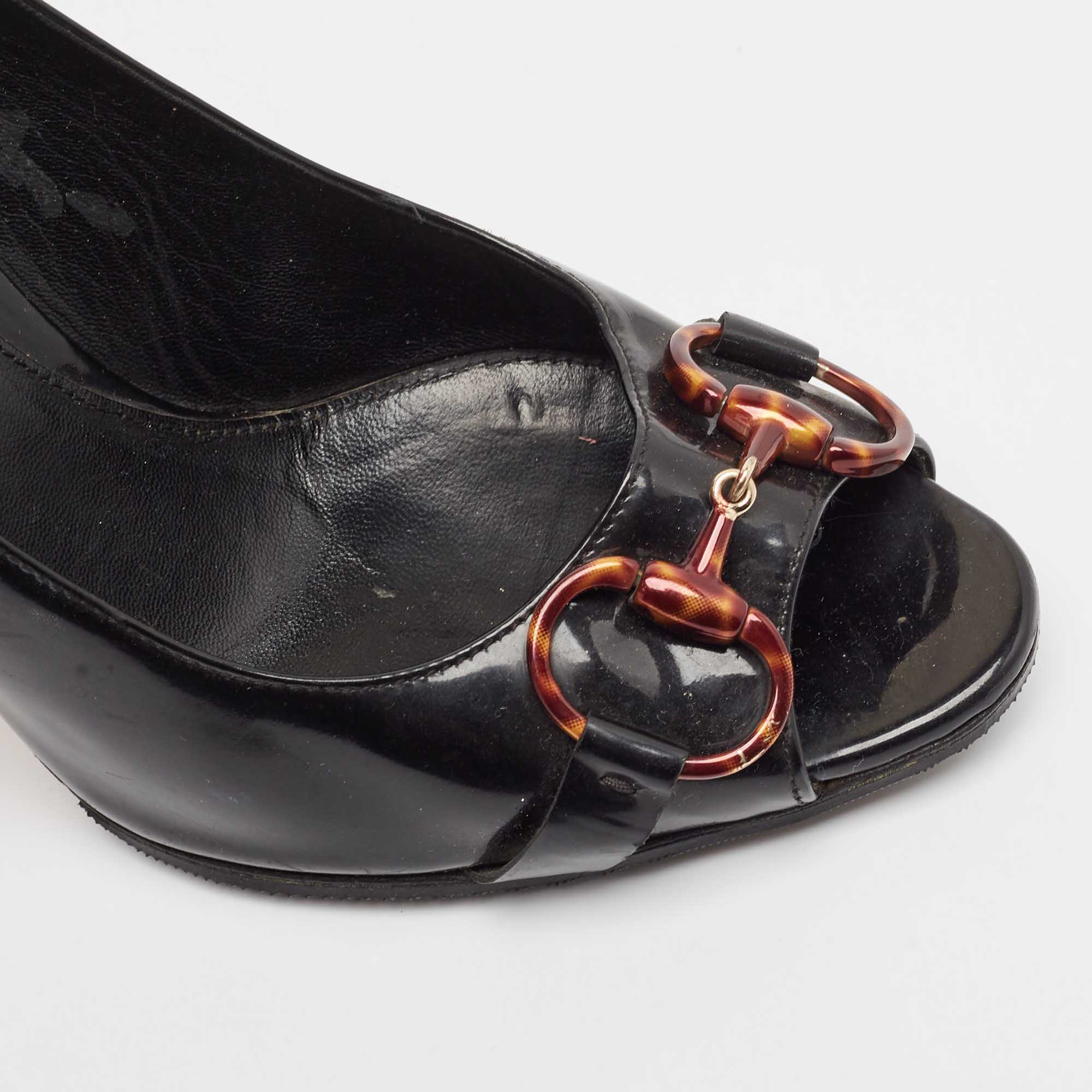 Gucci Black Patent Leather Horsebit Peep Toe Pumps Size 37