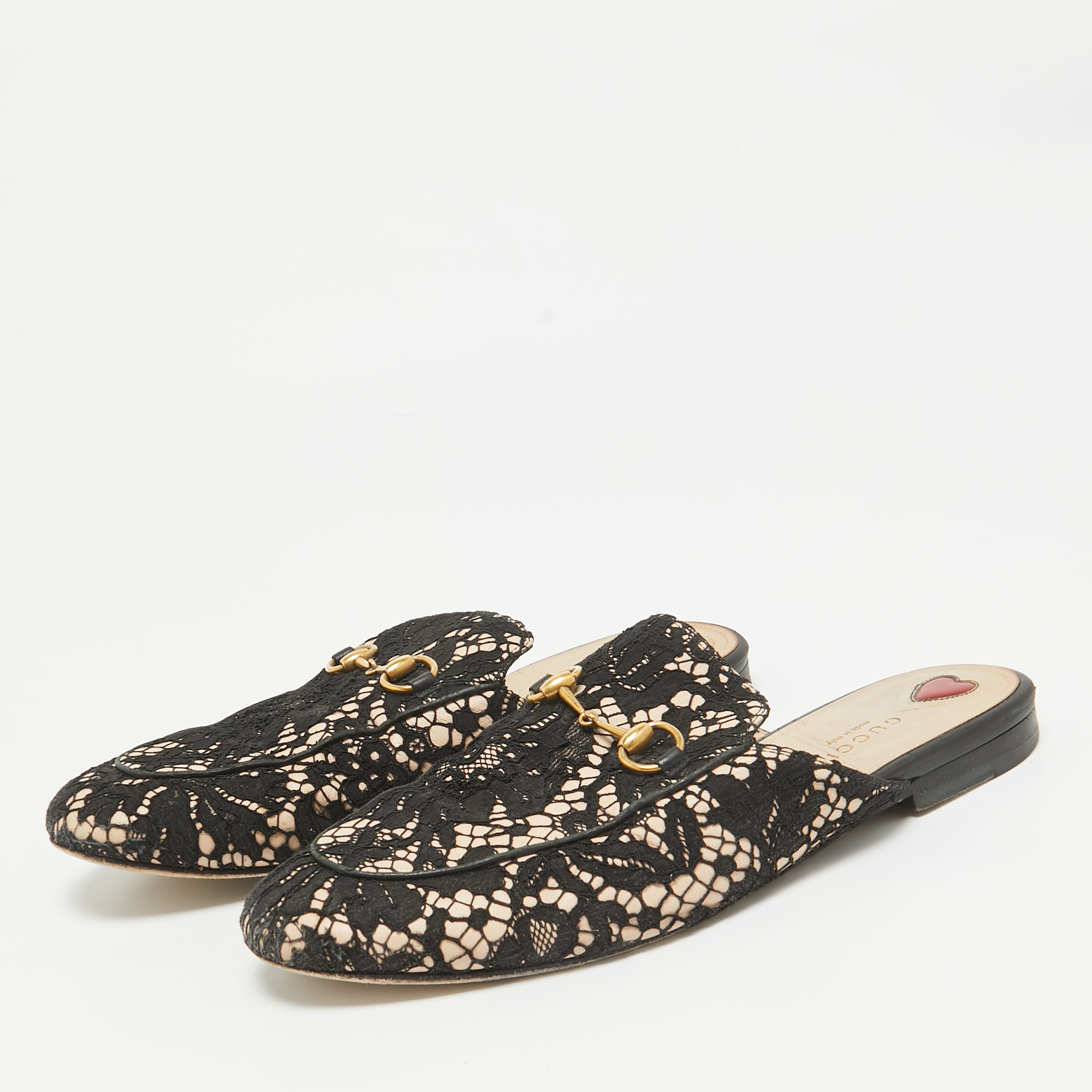 Gucci Black/Beige Lace And Leather Princetown Flat Mules Size 39.5