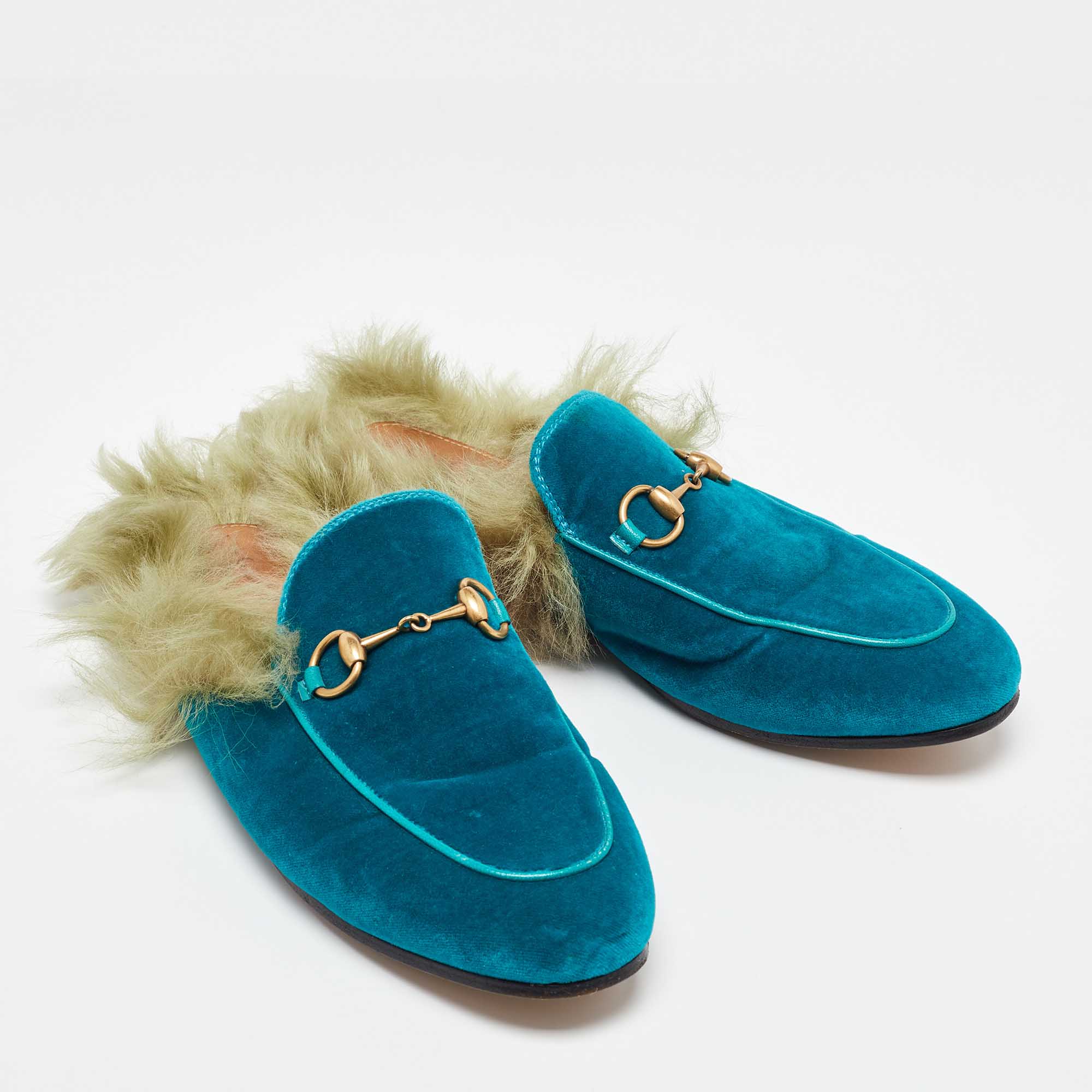 Gucci Blue Velvet And Fur Lined Princetown Flat Mules Size 36