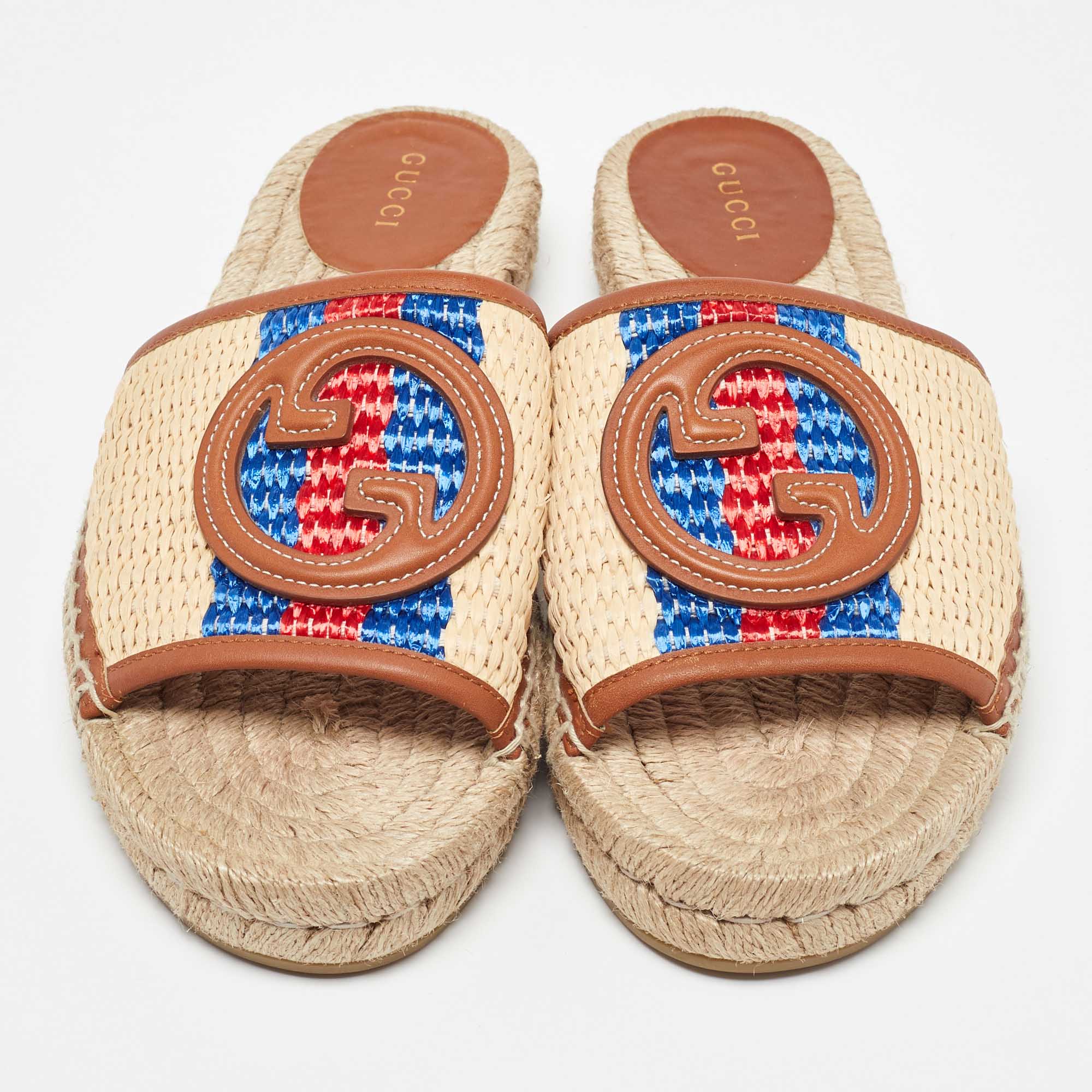 Gucci Beige/Brown Raffia And Leather Interlocking G Espadrille Slide Sandals Size 39