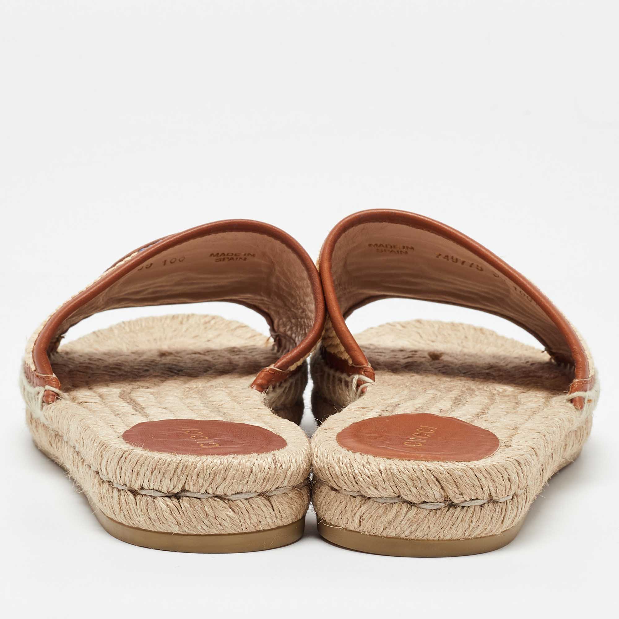 Gucci Beige/Brown Raffia And Leather Interlocking G Espadrille Slide Sandals Size 39