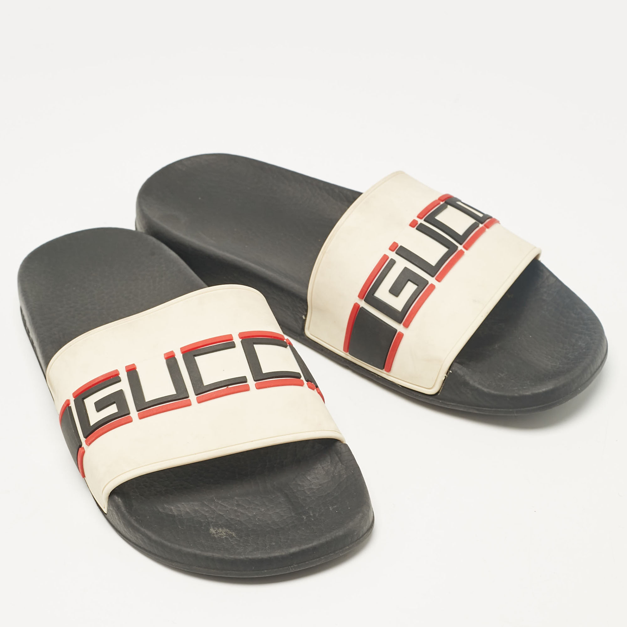 Gucci Off White Rubber Embossed Logo Slides Size 40