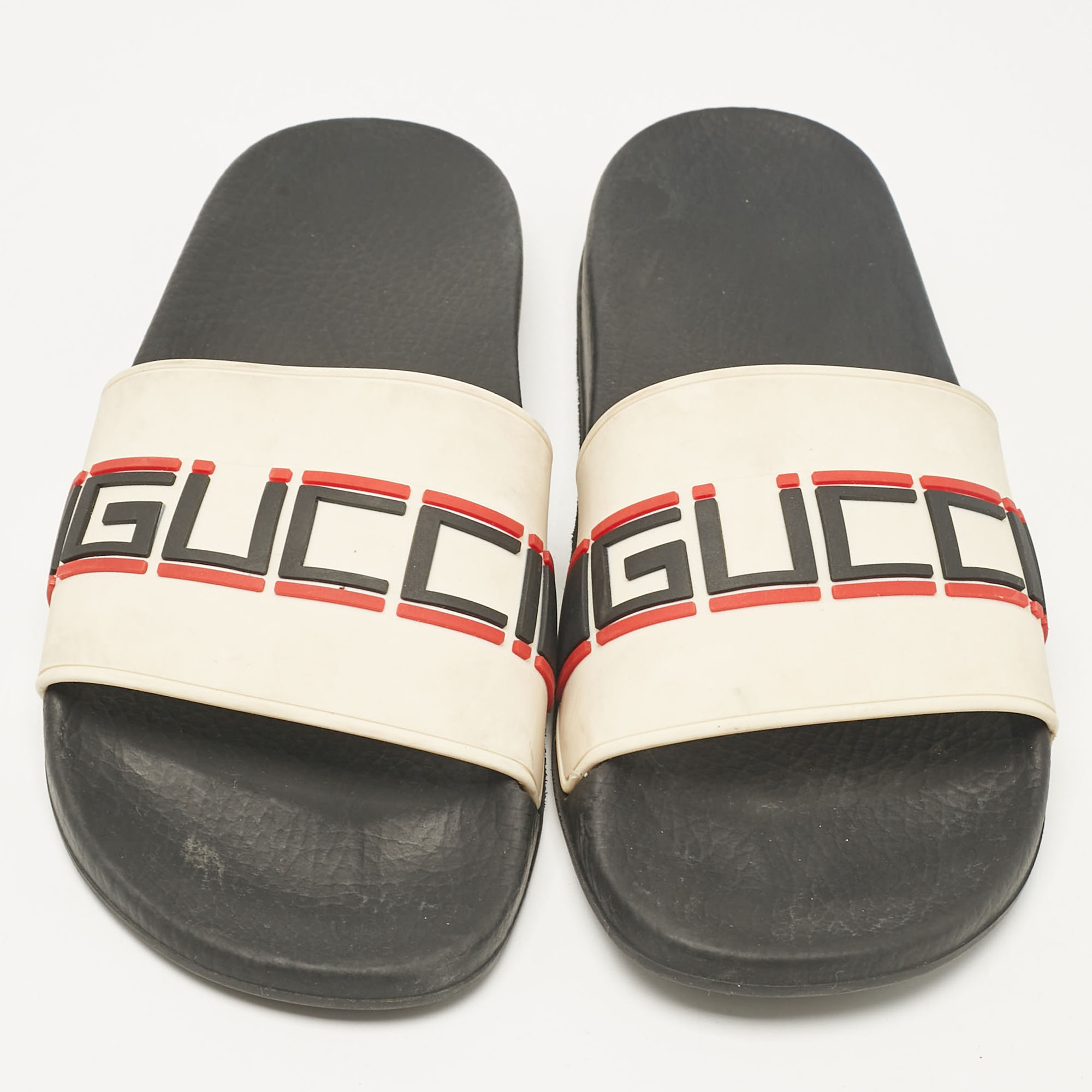 Gucci Off White Rubber Embossed Logo Slides Size 40