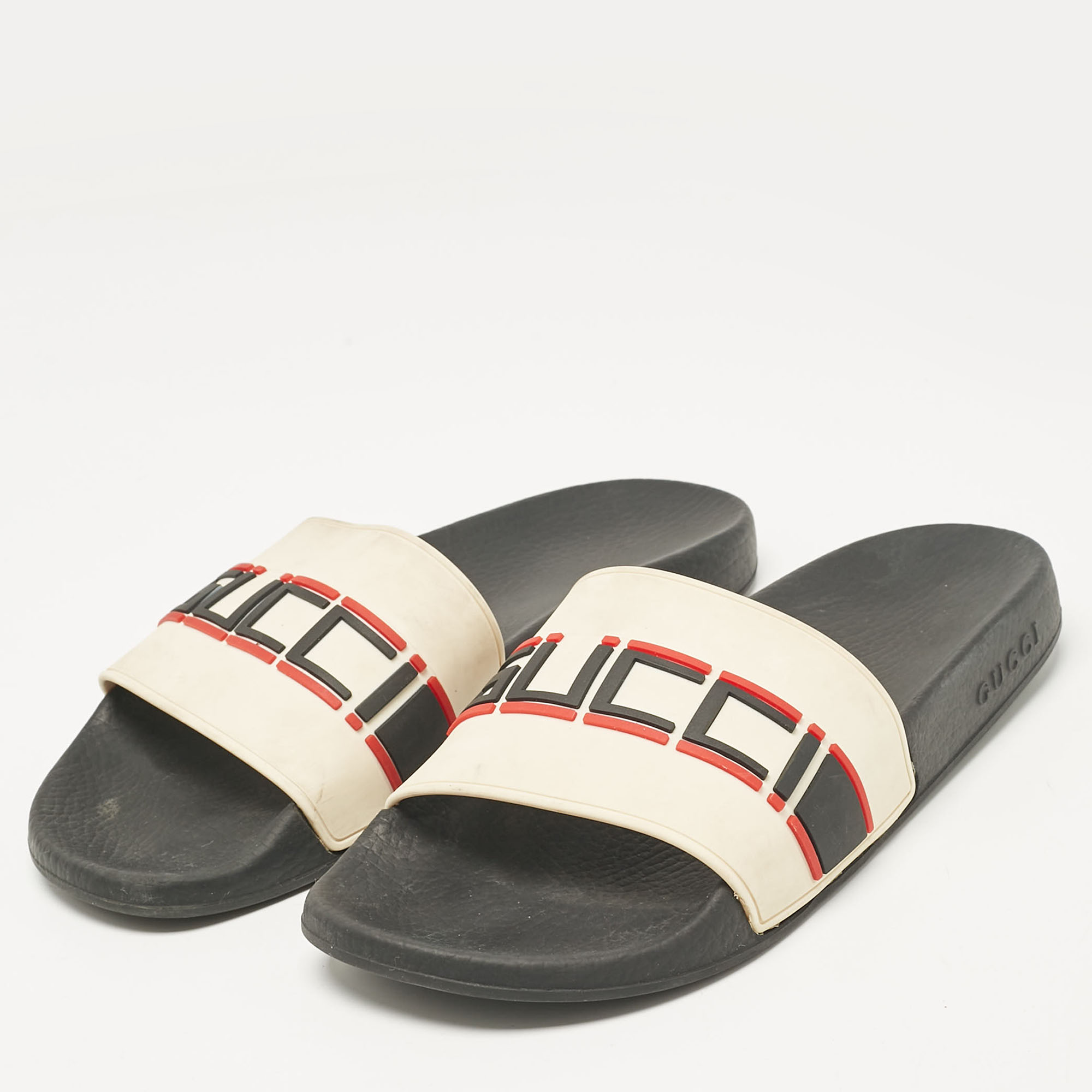 Gucci Off White Rubber Embossed Logo Slides Size 40