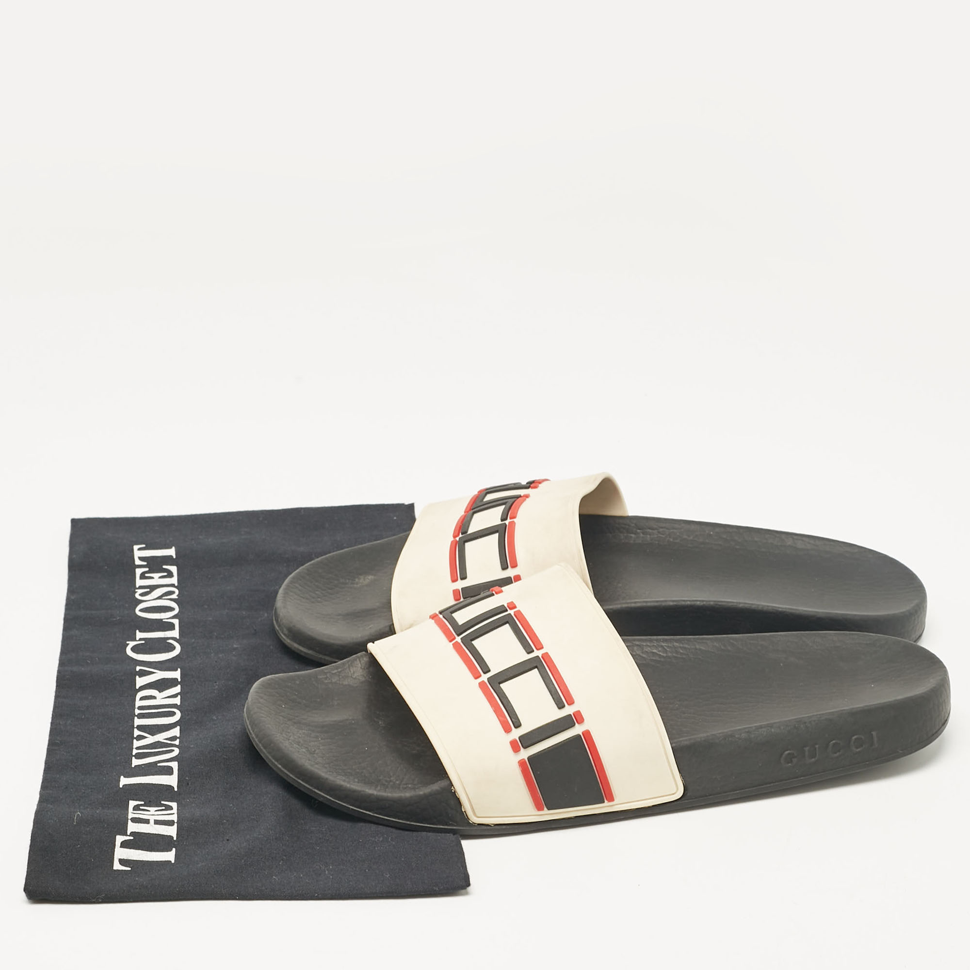 Gucci Off White Rubber Embossed Logo Slides Size 40