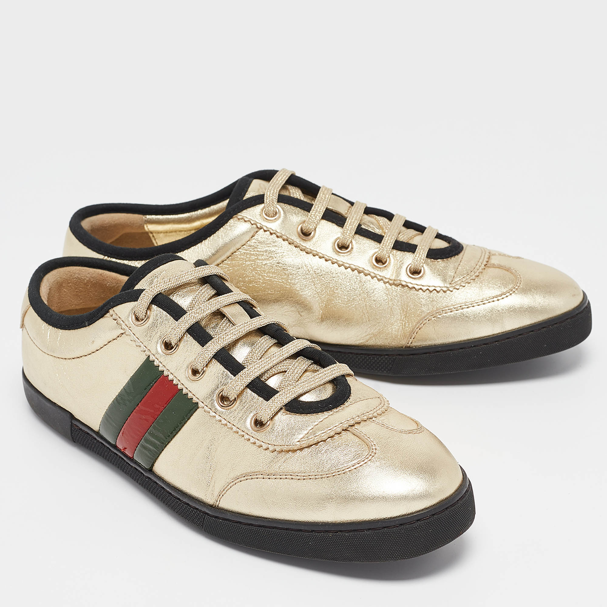 Gucci Gold Leather Web Low Top Sneakers Size 38.5