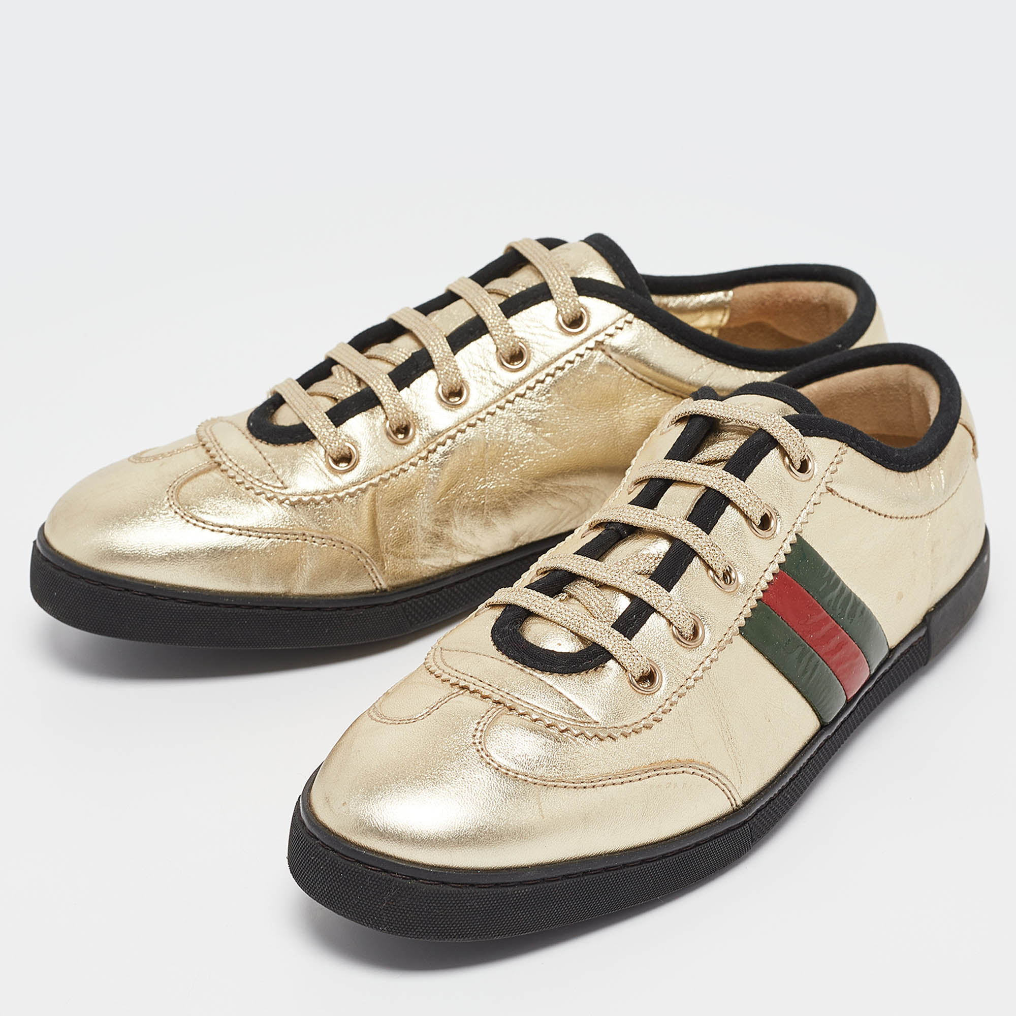 Gucci Gold Leather Web Low Top Sneakers Size 38.5